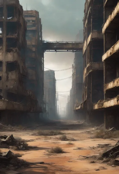 Desolate landscape view of a decayed bridge winding between 2 buildings in the center of a post-apocalyptic canyon, tem a estatu...