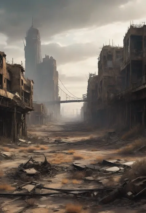 Desolate landscape view of a decayed bridge winding between 2 buildings in the center of a post-apocalyptic canyon, There is a r...