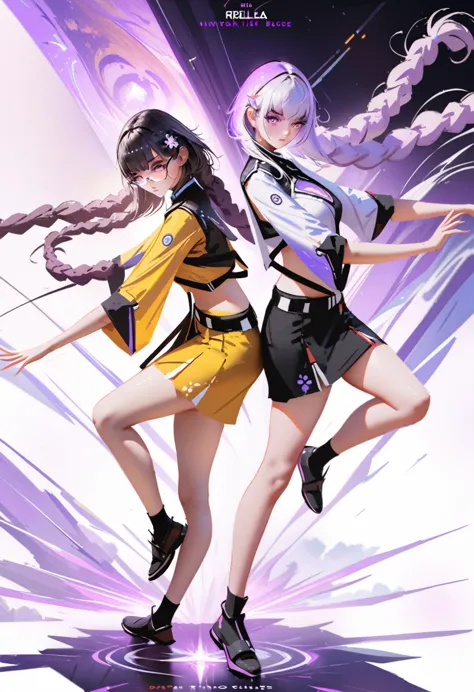 2girls, ((back to back pose)), (cryptic_g, full body, purple eyes long hair, white clothes, braided hair, twintals, silver hair)...