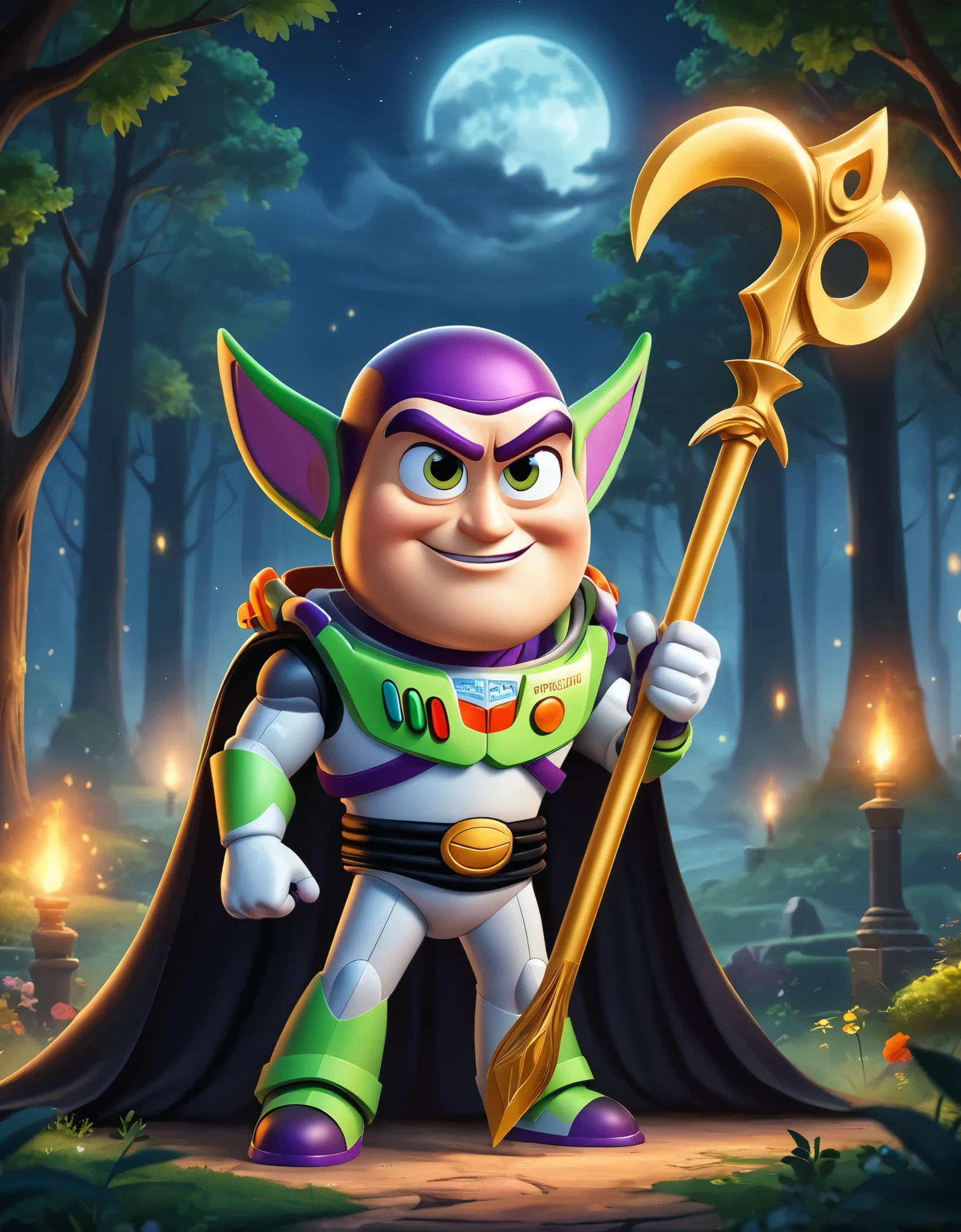 Cute cartoon illustration, (masterpiece in maximum 16K resolution, superb quality, ultra detailed:1.3), menacing ((Buzz Lightyear)) holding a decorative sharp scythe with the ((heart-shaped glowing top)), ((wearing an intricately designed sophisticated full dark cloak)) of purple, summer forest cemetery at misty night, (grand obelisk), ((blurry background)).