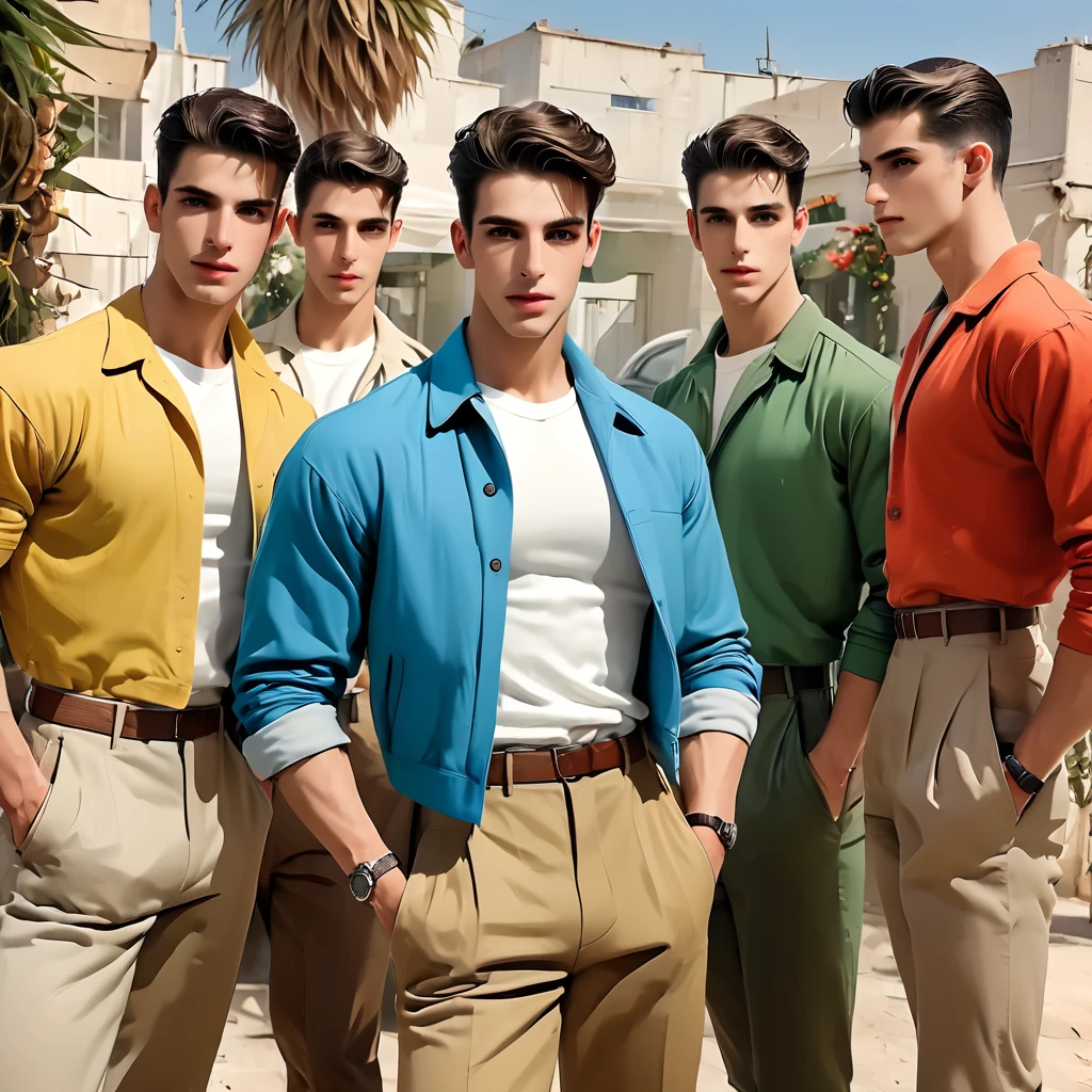 Israel de la década de 1950 muy atractivo, los hombres jóvenes israelíes más musculosos, de aspecto más fuerte y masculino, hombres israelíes y muy femeninas, mujeres menos musculosas/Sabras en alta resolución HD, apariencia y sensación de anime, estilo retro vintage de los años 50.,tener caquis, tostados, marrones rojizos, rojos vivos, amarillos, naranjas, azules oliva de todos los tonos y colores, verdes, algunos patrones y estilos de lunares y puntos, algo de vegetación, un israelí./Ambiente mediterráneo y ambiente muy israelí, fondos mediterráneos, ciudades, pueblos, kibutz