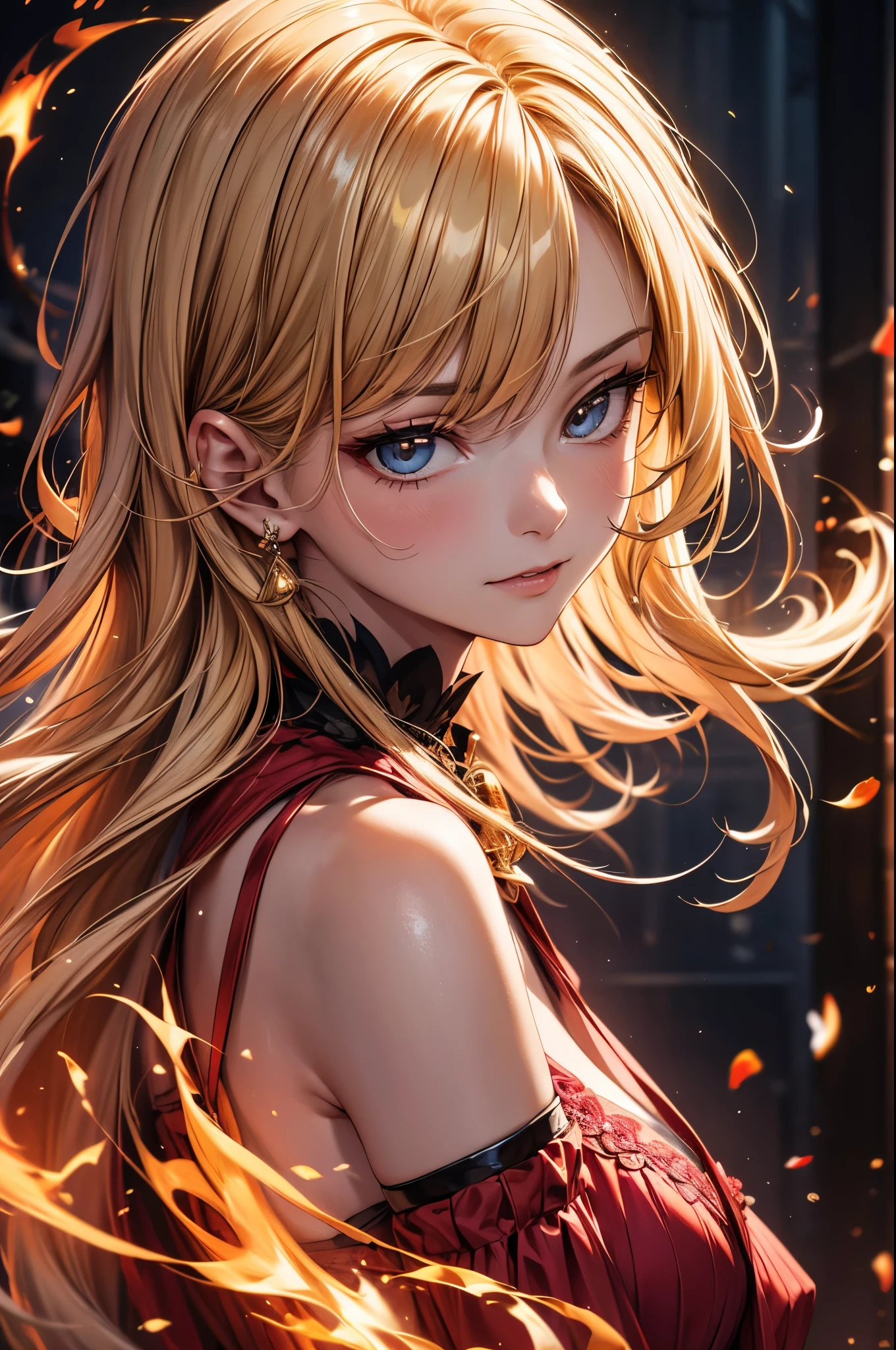 A beautiful woman with stunning features, long golden blonde hair, and a confident expression, performing a powerful fire magic spell, detailed portrait, realistic, photorealistic, best quality, 4k, 8k, highres, masterpiece, ultra-detailed, vivid colors, dramatic lighting