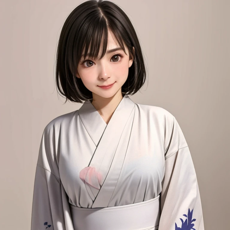 (kawaii 24 year-old Japanese girl, Nogizaka idol, Korean idol), glossy brown hair, (very short hair:1.2), beautiful black eyes, rounded face, narrow shoulders, single eyelid, (no makeup:1.2), big laughing, (yukata, Japanese traditional clothes), extra small breasts, BREAK, (simple white background:1.2), (view from forward, bust shot, id photo:1.2), BREAK, (masterpiece, best quality, photo realistic, official art:1.4), (UHD, 8K quality wallpaper, high resolution, raw photo, golden ratio:1.3), (shiny skin), professional lighting, physically based rendering, award winning, (highly detailed skin texture, extremely detailed face and eyes textures), Carl Zeiss 85 mm F/1.4, depth of field, (1girl, solo),