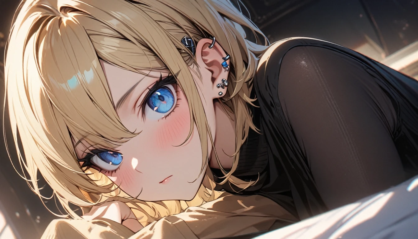 expressionless, master piece, best quality, ultra detailed, handsome, 1 woman, short hair, blonde hair, cute eyes, blue eyes, Black tights, piercing in one ear