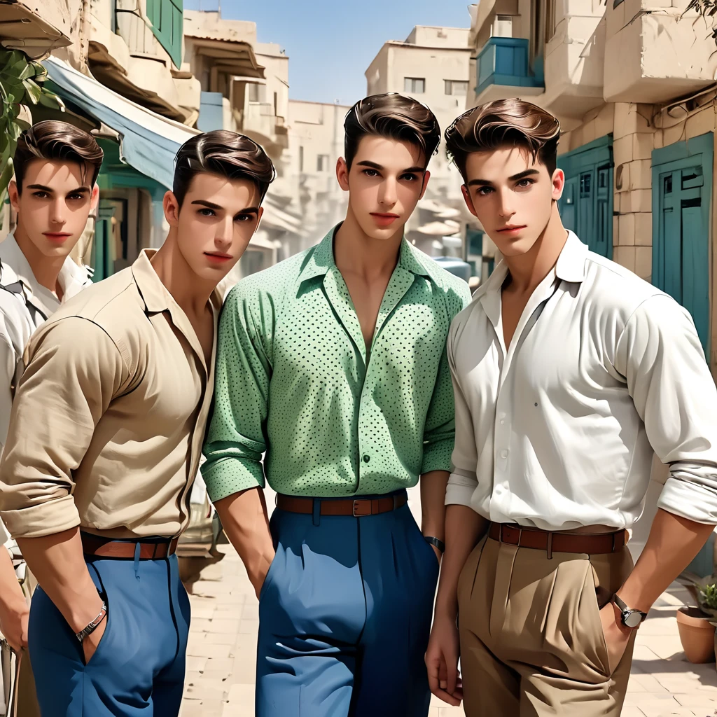 1950S Israel very attractive  Israeli young men more muscular stronger looking masculine Israeli males and very feminine  female less muscularwomen/Sabras in HD High Res look and feel kinda anime feel retro vintage 1950s aesthetic,having Khakis-tans-redbrowns-vivid reds-yellows-oranges-olive-blues of all shades and kinda colorings greens some polka dot and dot patterns and styles some greenery a Israeli/mediterranean vibe and feel very Israel mediterranean backgrounds cities towns kibbutzs