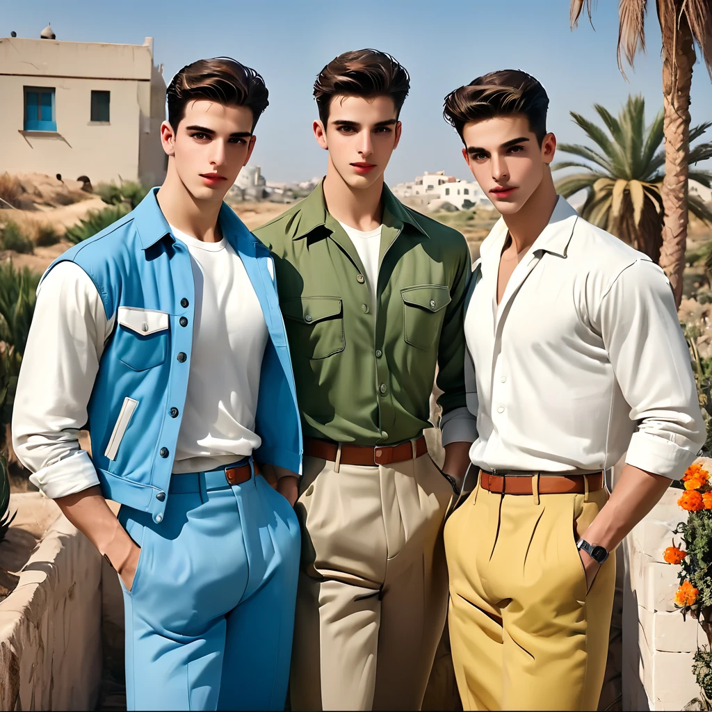 1950S Israel very attractive  Israeli young men more muscular stronger looking masculine Israeli males and very feminine  female less muscularwomen/Sabras in HD High Res look and feel kinda anime feel retro vintage 1950s aesthetic,having Khakis-tans-redbrowns-vivid reds-yellows-oranges-olive-blues of all shades and kinda colorings greens some polka dot and dot patterns and styles some greenery a Israeli/mediterranean vibe and feel very Israel mediterranean backgrounds cities towns kibbutzs