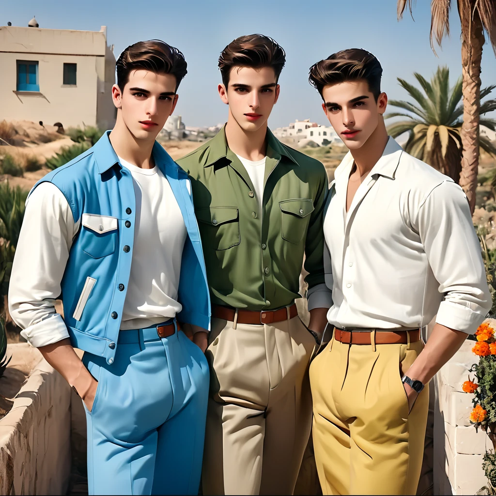 Israel de la década de 1950 muy atractivo, los hombres jóvenes israelíes más musculosos, de aspecto más fuerte y masculino, hombres israelíes y muy femeninas, mujeres menos musculosas/Sabras en alta resolución HD, apariencia y sensación de anime, estilo retro vintage de los años 50.,tener caquis, tostados, marrones rojizos, rojos vivos, amarillos, naranjas, azules oliva de todos los tonos y colores, verdes, algunos patrones y estilos de lunares y puntos, algo de vegetación, un israelí./Ambiente mediterráneo y ambiente muy israelí, fondos mediterráneos, ciudades, pueblos, kibutz