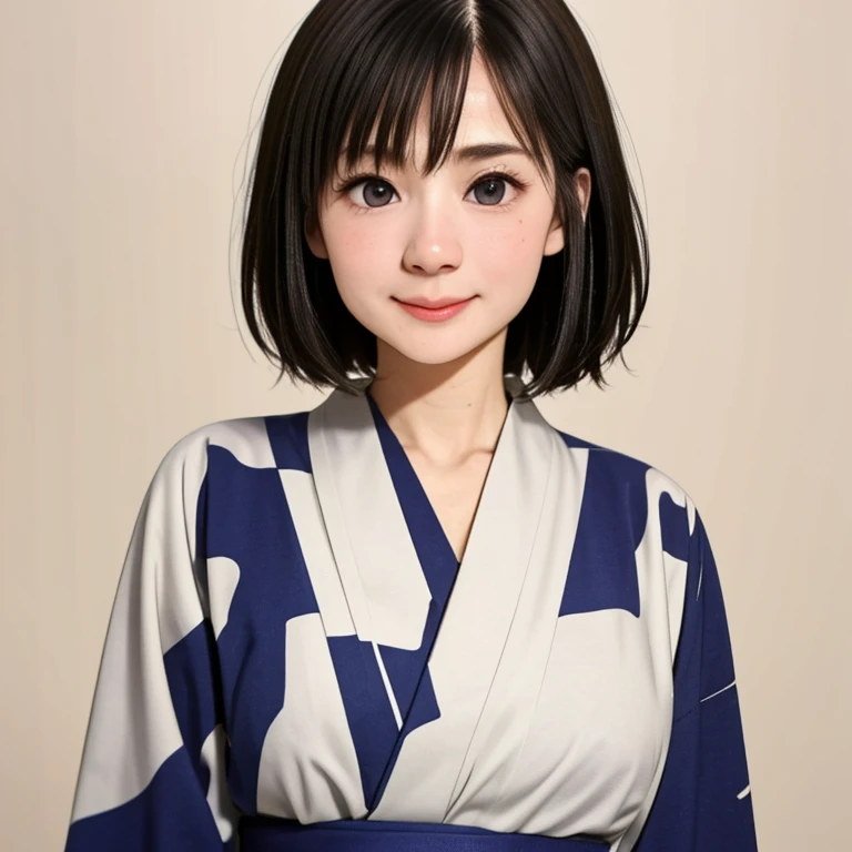 (kawaii 24 year-old Japanese girl, Nogizaka idol, Korean idol), glossy brown hair, (very short hair:1.2), beautiful black eyes, rounded face, narrow shoulders, single eyelid, (no makeup:1.2), big laughing, (yukata, Japanese traditional clothes), extra small breasts, BREAK, (simple white background:1.2), (view from forward, bust shot, id photo:1.2), BREAK, (masterpiece, best quality, photo realistic, official art:1.4), (UHD, 8K quality wallpaper, high resolution, raw photo, golden ratio:1.3), (shiny skin), professional lighting, physically based rendering, award winning, (highly detailed skin texture, extremely detailed face and eyes textures), Carl Zeiss 85 mm F/1.4, depth of field, (1girl, solo),