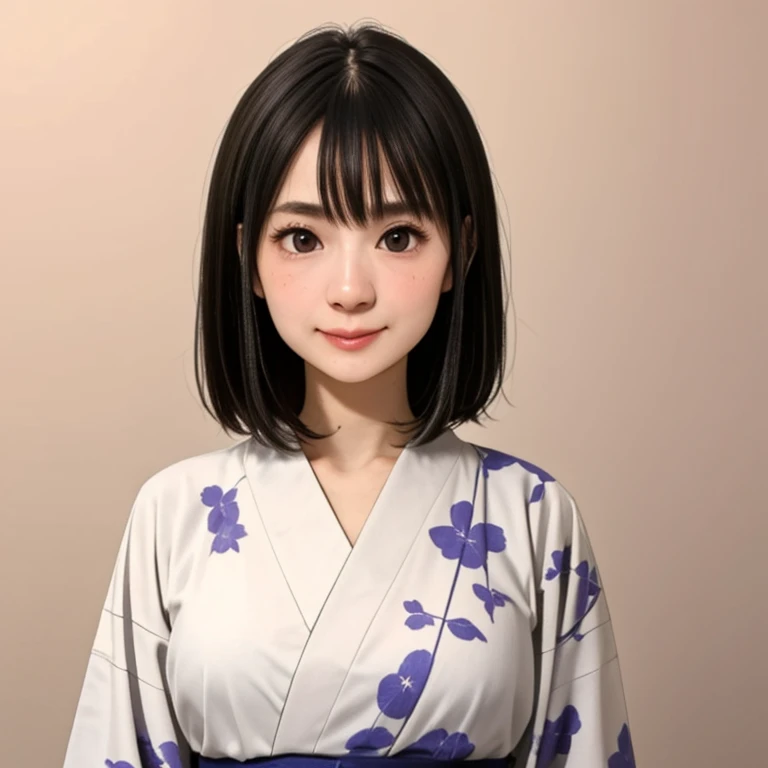 (kawaii 24 year-old Japanese girl, Nogizaka idol, Korean idol), glossy brown hair, (very short hair:1.2), beautiful black eyes, rounded face, narrow shoulders, single eyelid, (no makeup:1.2), big laughing, (yukata, Japanese traditional clothes), extra small breasts, BREAK, (simple white background:1.2), (view from forward, bust shot, id photo:1.2), BREAK, (masterpiece, best quality, photo realistic, official art:1.4), (UHD, 8K quality wallpaper, high resolution, raw photo, golden ratio:1.3), (shiny skin), professional lighting, physically based rendering, award winning, (highly detailed skin texture, extremely detailed face and eyes textures), Carl Zeiss 85 mm F/1.4, depth of field, (1girl, solo),