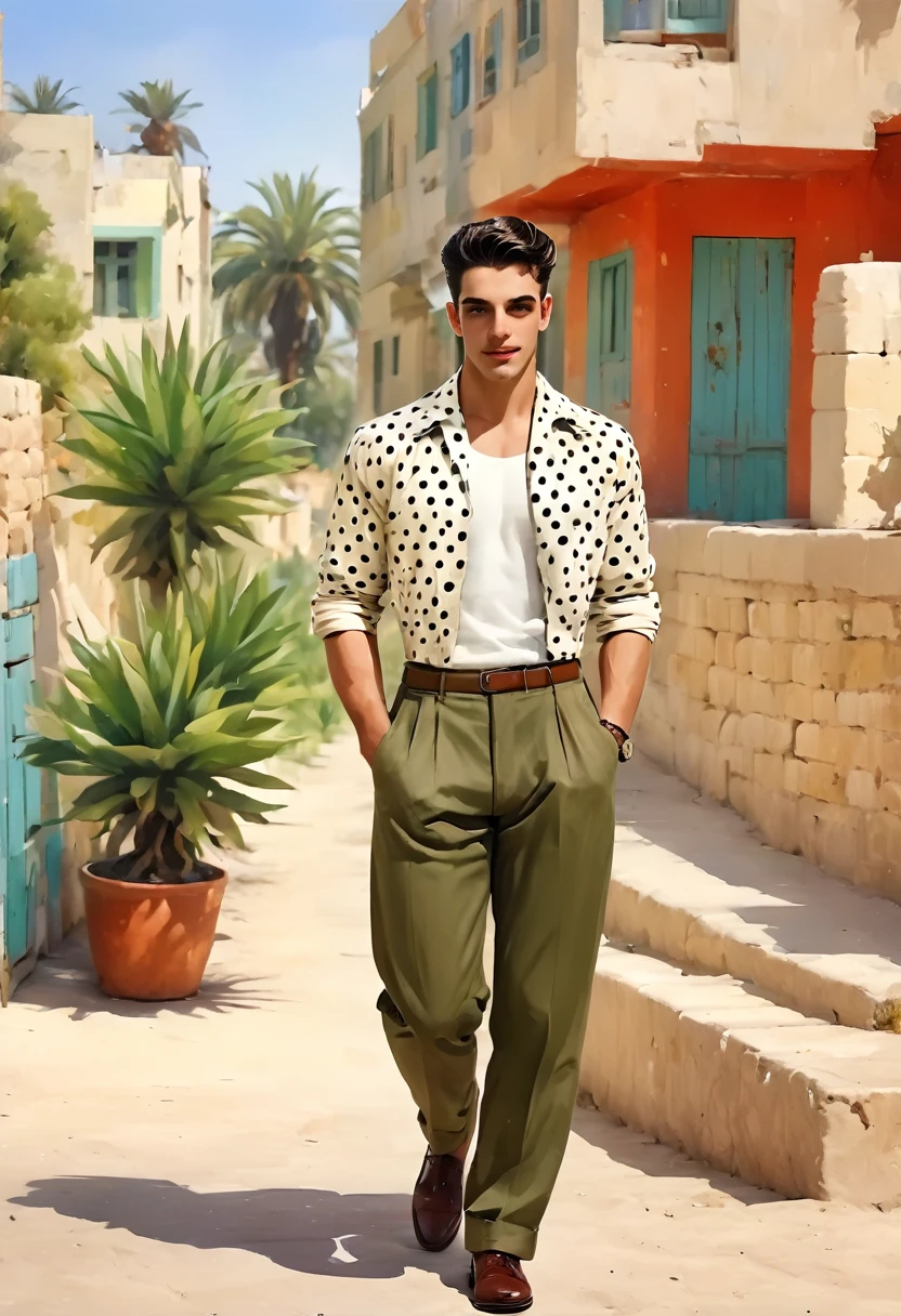 1950S Israel very attractive  Israeli young men more muscular stronger looking masculine Israeli males and very feminine  female less muscularwomen/Sabras in HD High Res look and feel kinda anime feel retro vintage 1950s aesthetic,having Khakis-tans-redbrowns-vivid reds-yellows-oranges-olive-blues of all shades and kinda colorings greens some polka dot and dot patterns and styles  in a 1950ish style way some greenery a Israeli/mediterranean vibe and feel very Israel mediterranean backgrounds cities towns kibbutzs