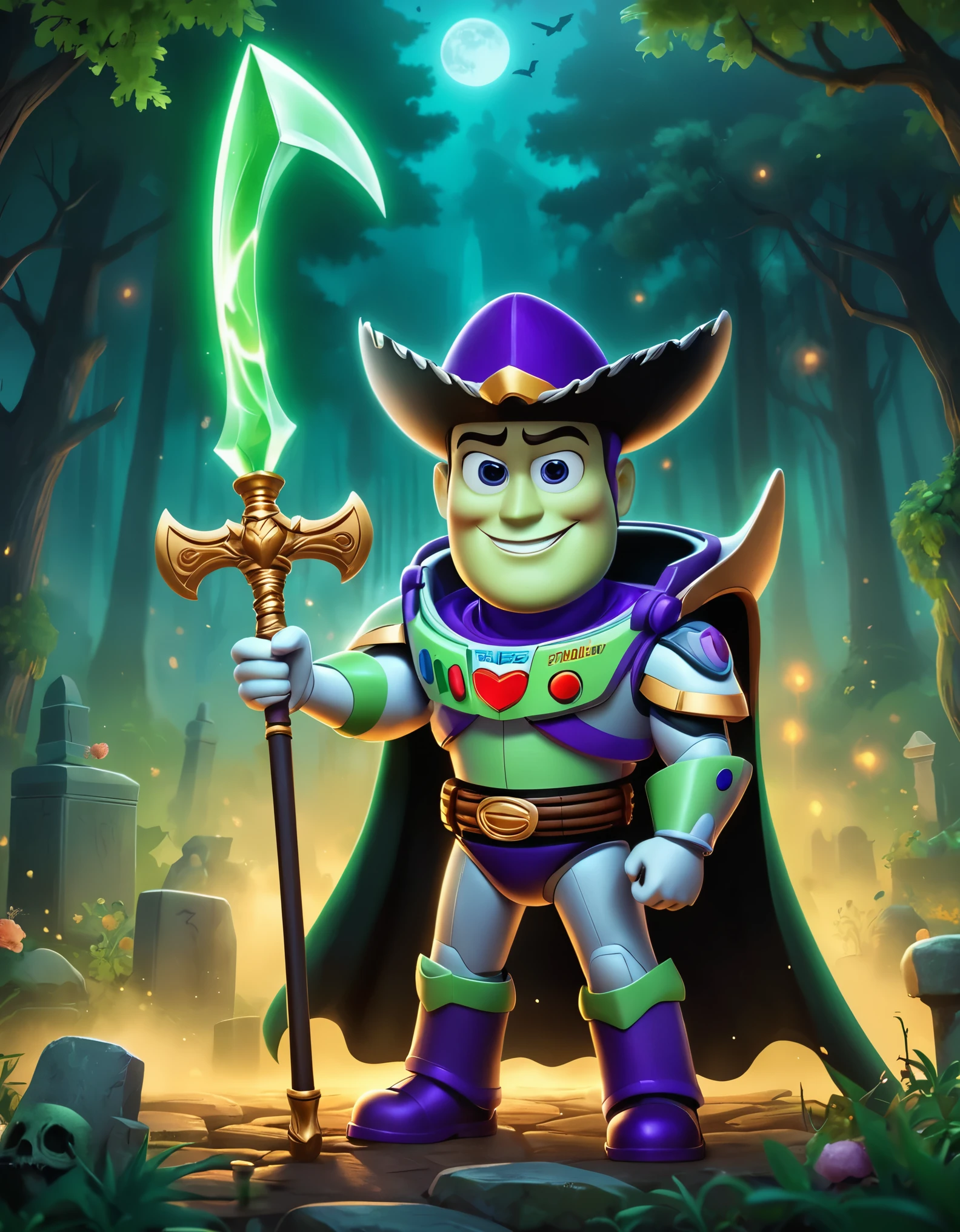 Cute cartoon illustration, (masterpiece in maximum 16K resolution, superb quality, ultra detailed:1.3), menacing ((Buzz Lightyear)) holding a decorative sharp scythe with the ((heart-shaped glowing top)), ((wearing an intricately designed sophisticated full dark cloak)) of purple, summer forest cemetery at misty night, (grand obelisk), ((blurry background)).