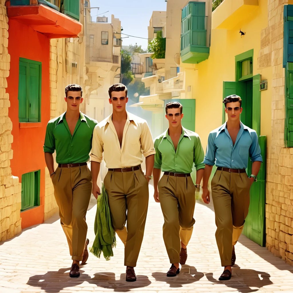 1950S Israel very attractive  Israeli young men more muscular stronger looking masculine Israeli males and including having more women couplesvery feminine  female less muscularwomen/Sabras in HD High Res look and feel kinda anime feel retro vintage 1950s aesthetic,having Khakis-tans-redbrowns-vivid reds-yellows-oranges-olive-blues of all shades and kinda colorings greens some polka dot and dot patterns and styles some greenery a Israeli/mediterranean vibe and feel very Israel mediterranean backgrounds cities towns kibbutzs