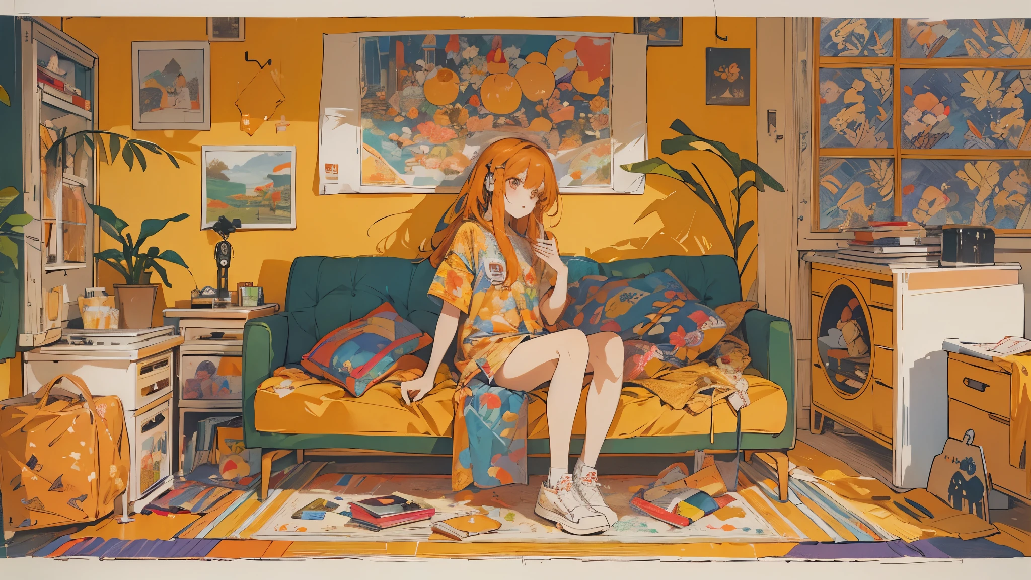 high resolution、One Girl、Wearing headphones、Aloha shirt and hot pants、Inside a minimalist room、Fabric sofa、Gibson Guitars、Vibrant colors、Vivid Color、Warm shades、Full body images、Orange long hair、