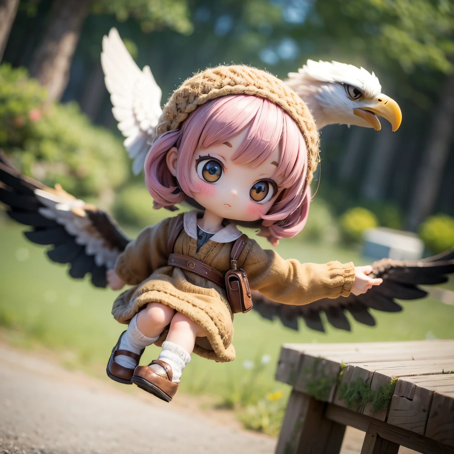 fotorealistisch、Chibi-Mädchenpuppe（Ein Flug durch den Himmel auf dem Rücken eines Adlers）