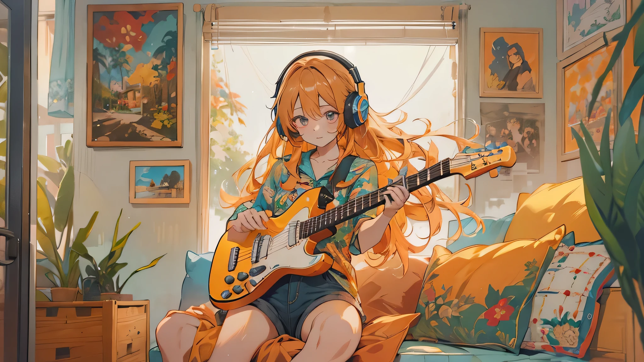 high resolution、One Girl、Wearing headphones、Aloha shirt and hot pants、Inside a minimalist room、Fabric sofa、Gibson Guitars、Vibrant colors、Vivid Color、Warm shades、Full body images、Orange long hair、