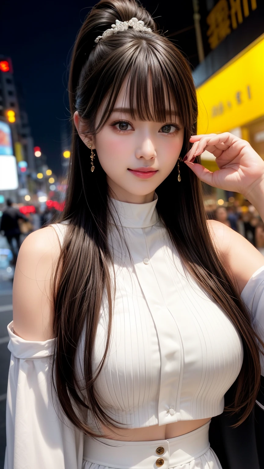 highest quality、Natural Lip、Fair skin、Great light、Beautiful lighting、((Straight hair))、((ponytail))、((Black Hair))、Blunt bangs、Off the shoulder、Big Breasts、big breasts cleavage、White crop top、mini skirt、Gorgeous Accessories、Harajuku at night、smile、cute smile、Crowds in the city at night