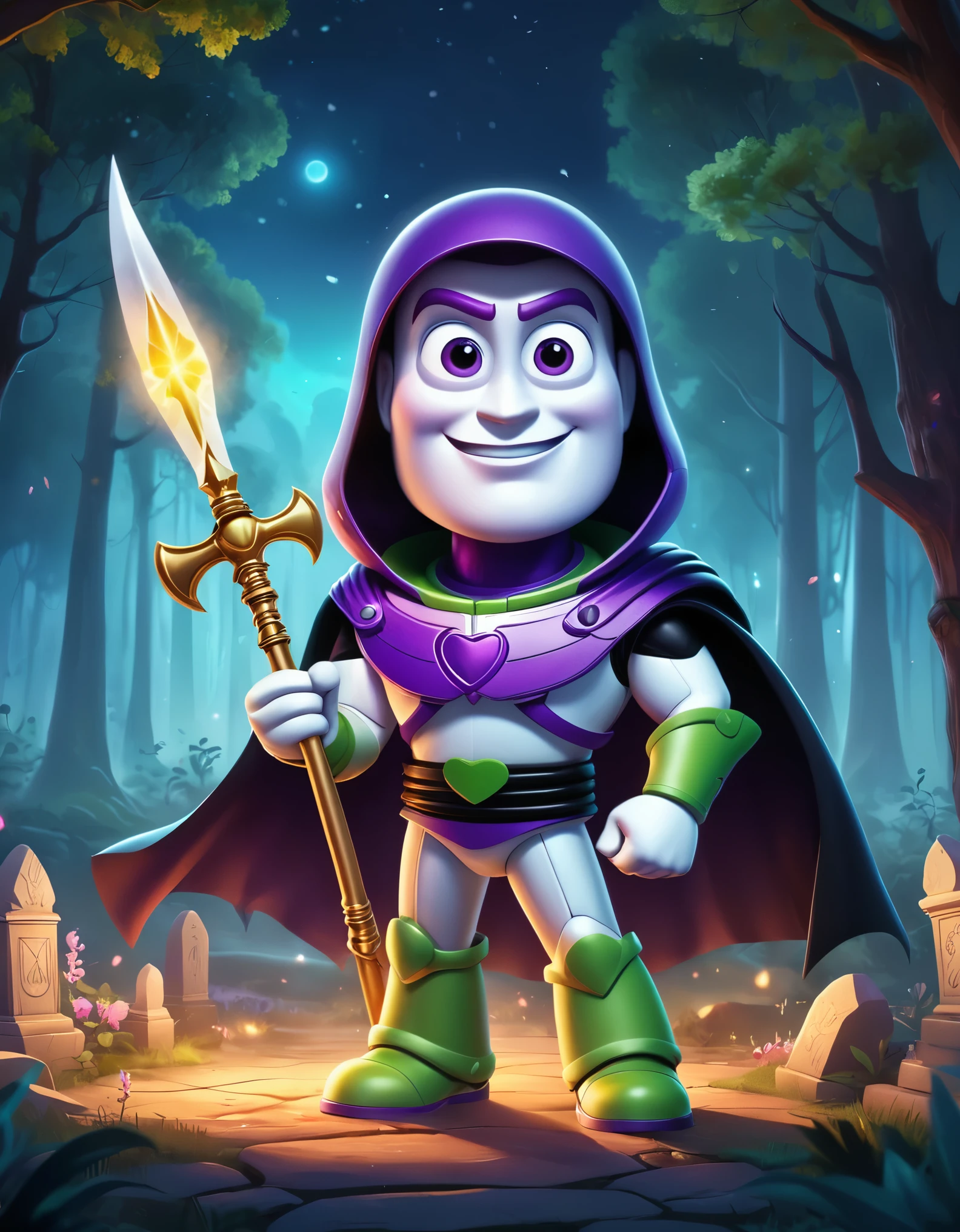 Cute cartoon illustration, (masterpiece in maximum 16K resolution, superb quality, ultra detailed:1.3), menacing ((Buzz Lightyear)) holding a decorative sharp scythe with the ((heart-shaped glowing top)), ((wearing an intricately designed sophisticated full dark cloak)) of purple, summer forest cemetery at misty night, (grand obelisk), ((blurry background)).