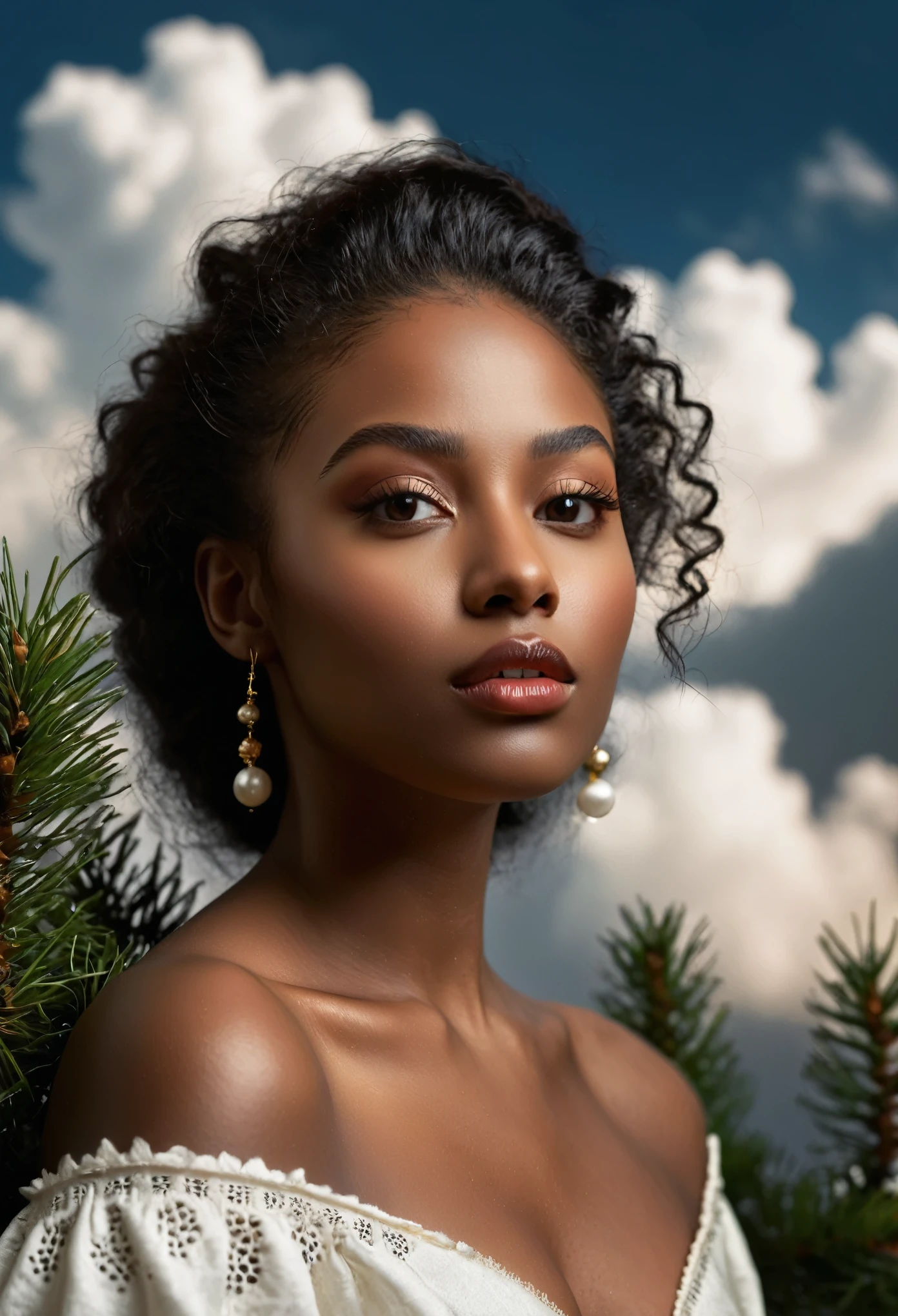 photo of beautiful (dark skin girl:1.4) in front clouds, she's facing front to camera, skin is smooth and radiant, film quality, woman (ultra-realistic , she's in deep darkness ,soft accents, gorgeous rembrandt like lighting, (Rembrandt patch), photo with background of white clouds, miniature pine trees, (highest quality textured cotton ball backdrop), lush clouds with accent highlights(highest quality), Her luscious, natural dark hair cascades down, framing her face with an aura of allure. With striking eyes, adorned with long lashes, eyes, the color of rich deep colors, ancient seduction and passion. Finely detailed(Fine-grained), (highest detail skin texture peach-fuzz earlobe realistic) ○○ res – ○○ resolution ultra high res(A high resolution) , very high texture res(light resolution), Realistic – Realistic Photorealistic – (photorealistic beautiful eyes, lashes, pupil colors, 4k) , 8K,extreme detail, close and intimate, she looks direct to viewer, captivating eyes looking at us,Her perfectly sculpted lips, highly real lipglass,painted a bold shade of crimson. she is Ingres, Vermeer, work of art, indulge in the exploration of desire.solo woman, (highest quality skin), long hair, every detail,Fine facial features, micro-details of skin and hair Masterpiece – Masterpiece ○○ quality – ○○ quality best quality(Highest Quality) ,Leica film, best, solo female, High quality (hiquality)　etc ○○ detailed – ○○ details ultra-fine detailed(micro details), Photorealistic, Extremely detailed(Extremely detailed) , Finely detailed(Fine-grained), (highest detail skin texture) ○○ res – ○○ resolution ultra high res(A high resolution) , very high texture res(light resolution), Realistic – Realistic Photorealistic – photorealistic beautiful – beautiful 4k , 8K, relaxed, close and intimate,