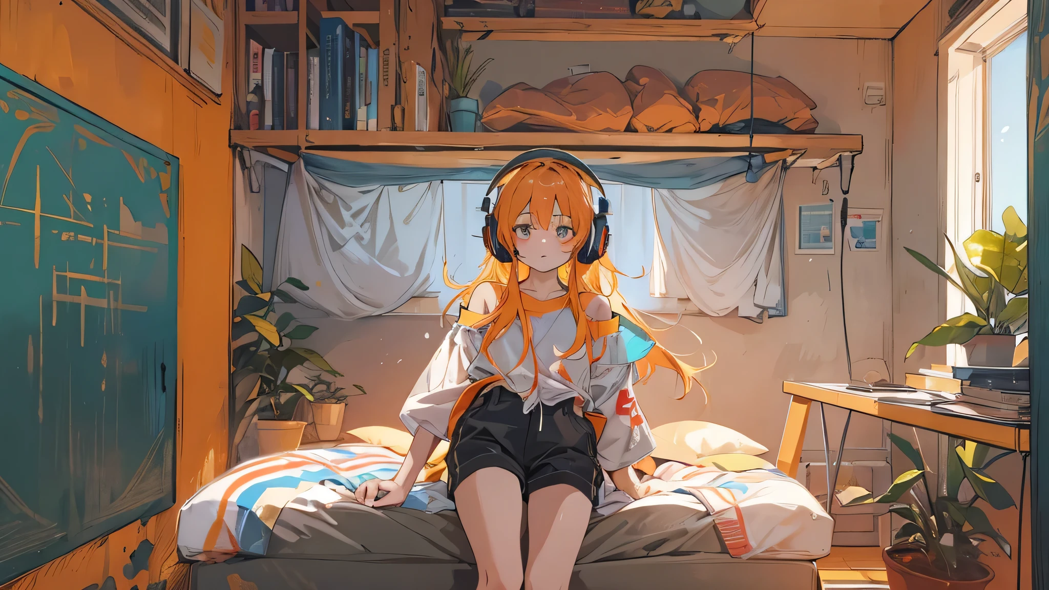 high resolution、One Girl、Wearing headphones、Fu shoulder shirt and hot pants、Inside a minimalist room、Fabric sofa、Vibrant colors、Vivid Color、Warm shades、Full body images、Orange long hair、