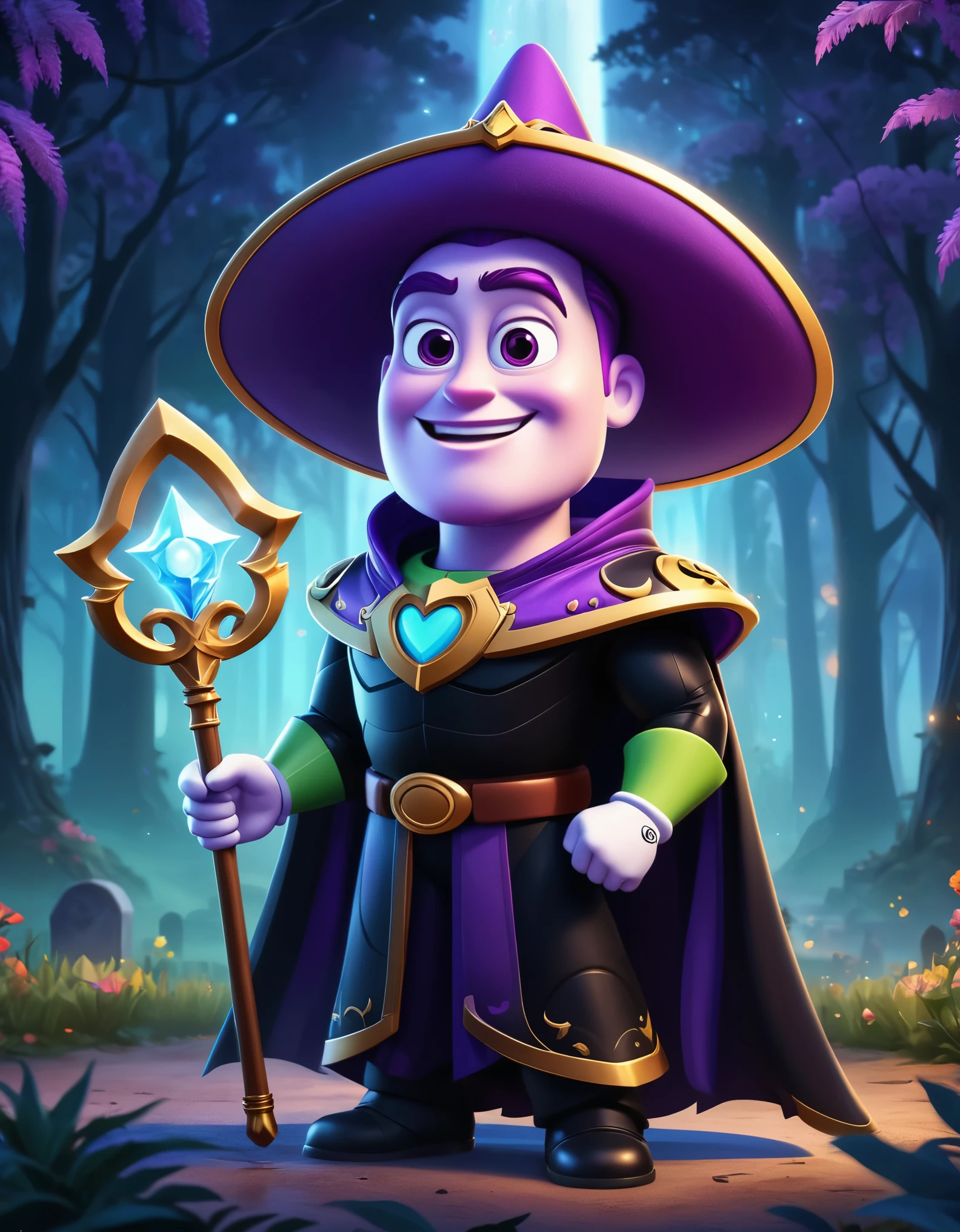 Cute cartoon illustration, (masterpiece in maximum 16K resolution, superb quality, ultra detailed:1.3), menacing ((Buzz Lightyear)) holding a decorative sharp scythe with the ((heart-shaped glowing top)), ((wearing an intricately designed sophisticated full dark cloak)) of purple, summer forest cemetery at misty night, (grand obelisk), ((blurry background)).