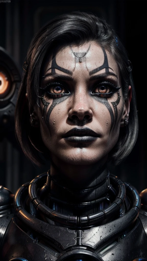 (1girl,beautiful detailed eyes,beautiful detailed lips,extremely detailed eyes and face,long eyelashes,power armor,short hair,black hair,bionic eye,warhammer 40k,inquisitor,yvraine,face close-up,high contrast,dramatic lighting,cinematic,dark moody atmosphere,complex intricate details,photorealistic,masterpiece)