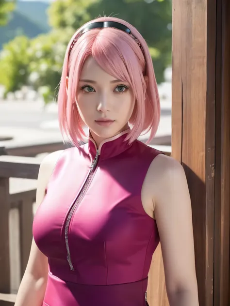 (((masterpiece+highest quality+High resolution+Very detailed))), Sakura Haruno, solo, (([woman]: 1.3 + [beauty]: 1.3+ pink hair:...