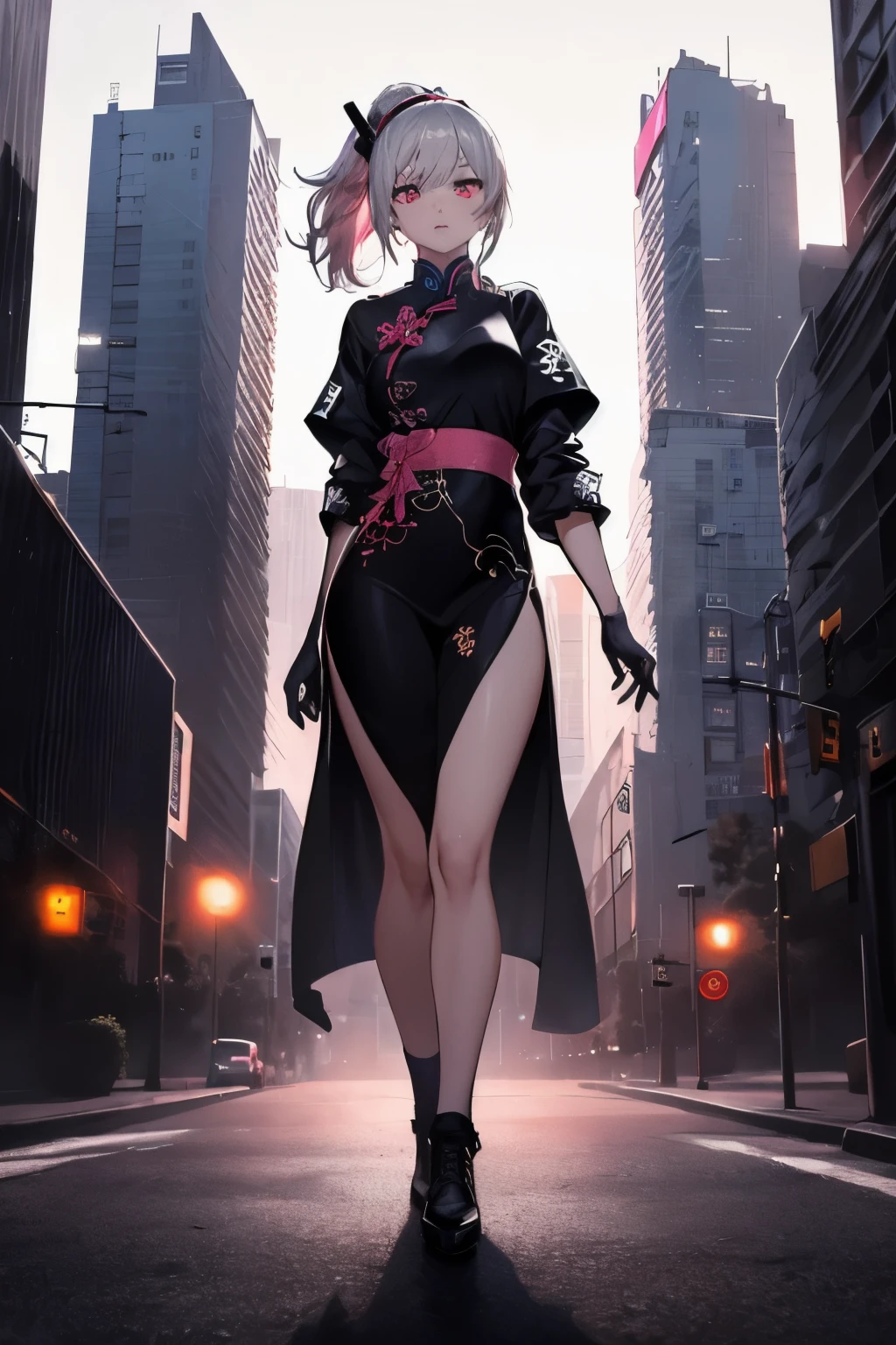 anime, (artwork, best quality, ultra-detailed, high contrast), 1 woman (Alone, full body, plus size body, standing on the edge of the skyscraper, silver hair, LONG In a ponytail, red eyes ruby stretches, (black qipao, black cybernetics with neon pink), transparent black socks), (skyscraper roof, overlooking a city, detailed background ((night time, Darkness, low light pollution)))