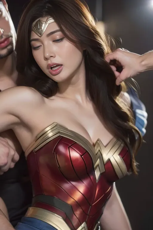 私はwonder womanです、完璧なwonder womanの衣装,押しdefeated,defeated,a man mounts me,face grabbed、hug from the front,hugged,being strangled,y...