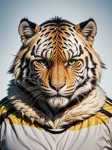 a hyper realistic photograph of 1 tiger wearing a sport Jersey, with incredibly detailed yellow-green eyes, ultra realistic fur,...