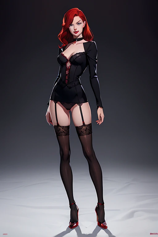 (full body:1.4), Tall, slender ((redhead)) woman of Irish descent. (pale:1.3)complexion. blue eyes, cute butt, nice legs. Kind eyes, naughty smile. Eyeglasses, red lipstick, choker. Sheer lace lingerie, (black stockings), stiletto heels. (Aroused).