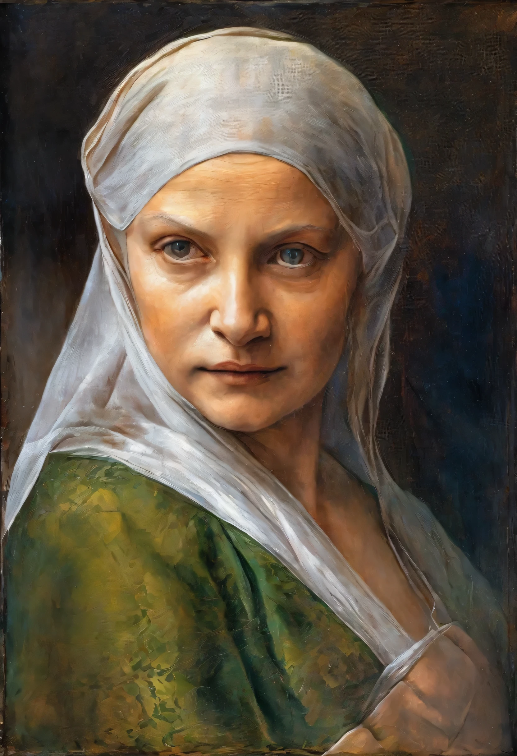 uma linda mulher irlandesa, with typical clothes, detailed portrait, oil painting, wrinkled face, high quality, masterpiece, leonardo da vinci style, cinematic lighting, dramatic colors, chiaroscuro, photorealistic