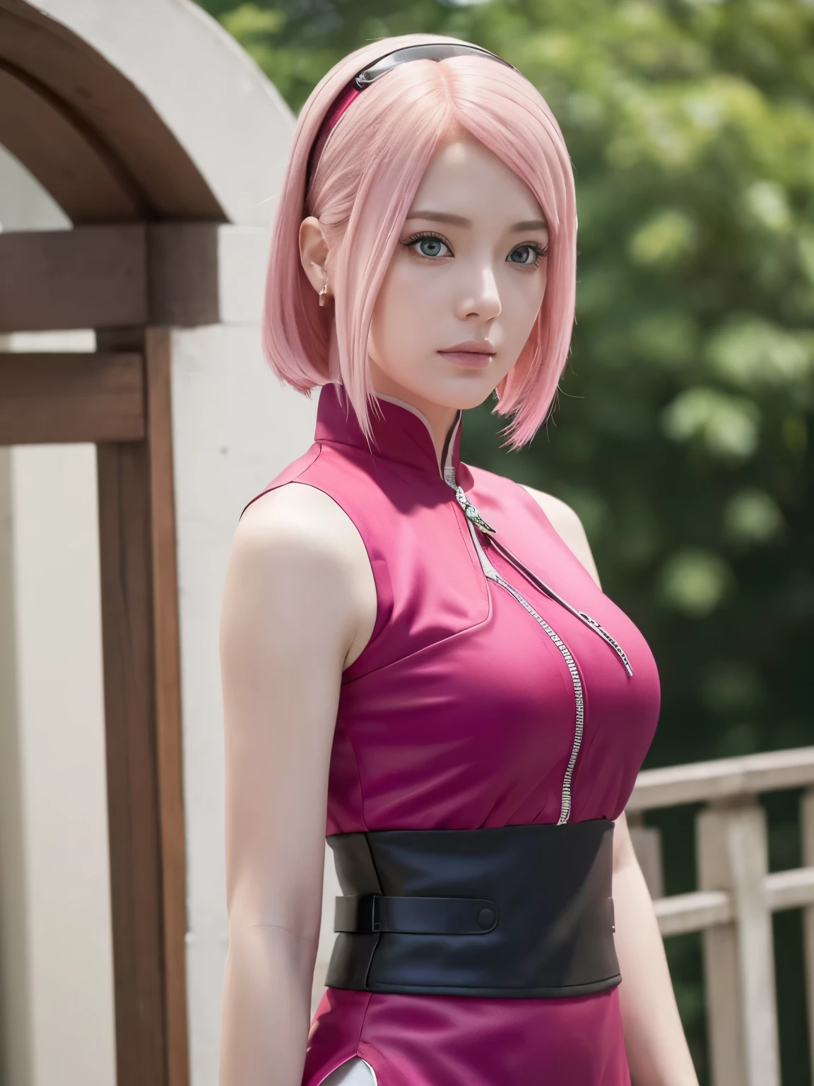 (((masterpiece+highest quality+High resolution+Very detailed))), Sakura Haruno, solo, (([woman]: 1.3 + [beauty]: 1.3+ pink hair: 1.5)), pink eyes, Bright Eyes, Dynamic angles and postures, wallpaper, ((natural big breasts:1.2)), Sakura Haruno outfit, (Ultra Realistic:1.5), (Photo Realistic:1.5), (UHD:1.5), red qipao dress(sleeveless ) with slits along the sides accompanied by a zipper and white circular designs, crystal tattoo at the forehead