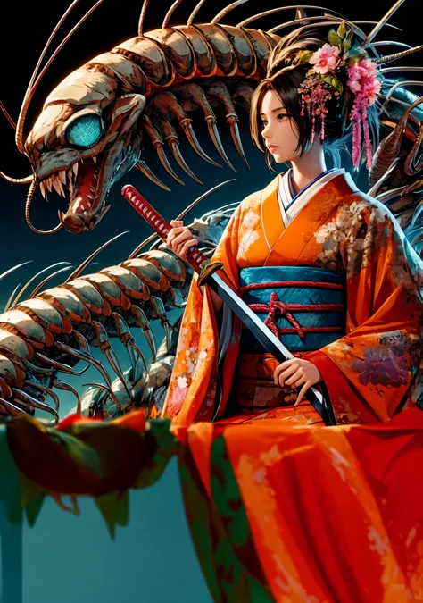 a woman in a kimono and a centipede monster. sword. cyborg. cyber kimono.