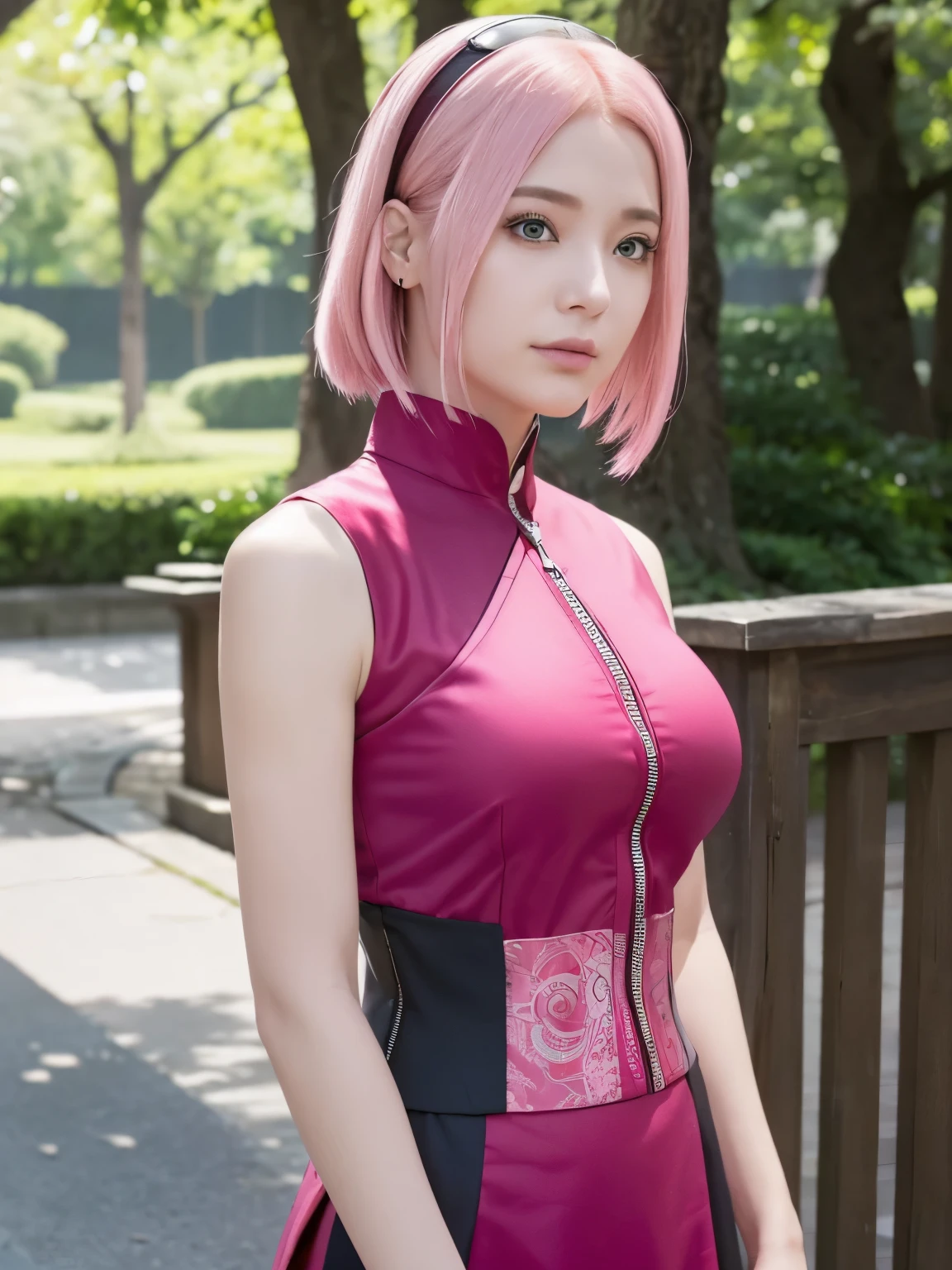 (((masterpiece+highest quality+High resolution+Very detailed))), Sakura Haruno, solo, (([woman]: 1.3 + [beauty]: 1.3+ pink hair: 1.5)), pink eyes, Bright Eyes, Dynamic angles and postures, wallpaper, ((natural big breasts:1.2)), Sakura Haruno outfit, (Ultra Realistic:1.5), (Photo Realistic:1.5), (UHD:1.5), red qipao dress(sleeveless ) with slits along the sides accompanied by a zipper and white circular designs, crystal tattoo at the forehead