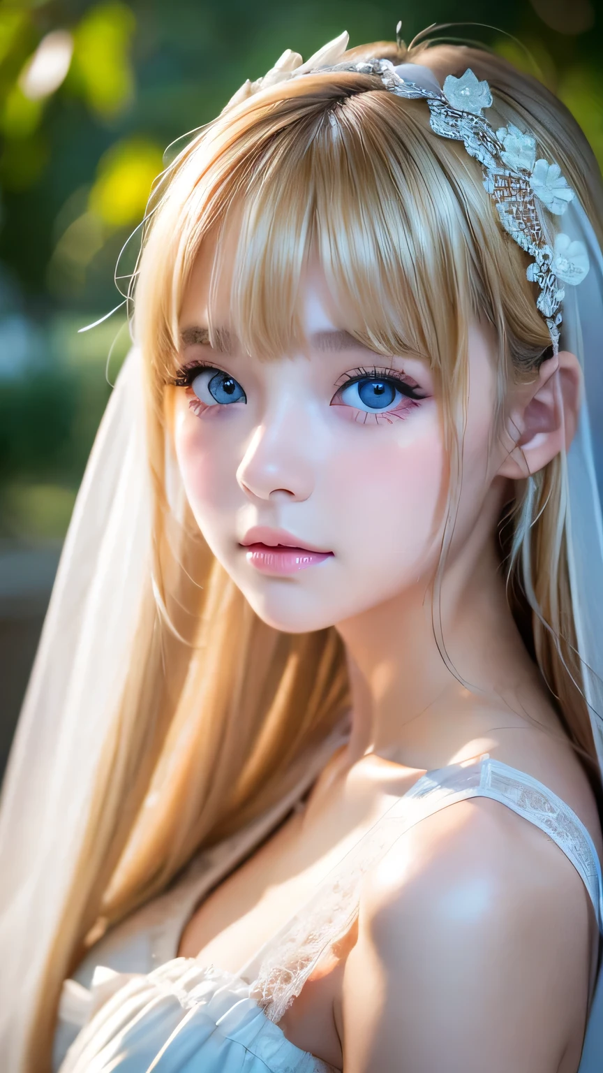 Raw photo、(((Extreme beauty portrait)))、((Glowing white skin))、1 girl、15 years old cute beautiful girl、((Shiny light natural blonde hair))、[Bright Blue Eyes]、Silky fine hair、Super long straight hair、eyeliner、bangs over eyes、Bangs between the eyes、Fluttering bangasterpiece、最high quality、Ultra-detailed、Film Light、High resolution、Very detailed))、Detailed Background、8k UHD、Digital single-lens reflex camera、Soft Light、high quality、Shallow depth of field、Natural soft light、（Perfect hands）、Perfect beautiful face、Maid clothes