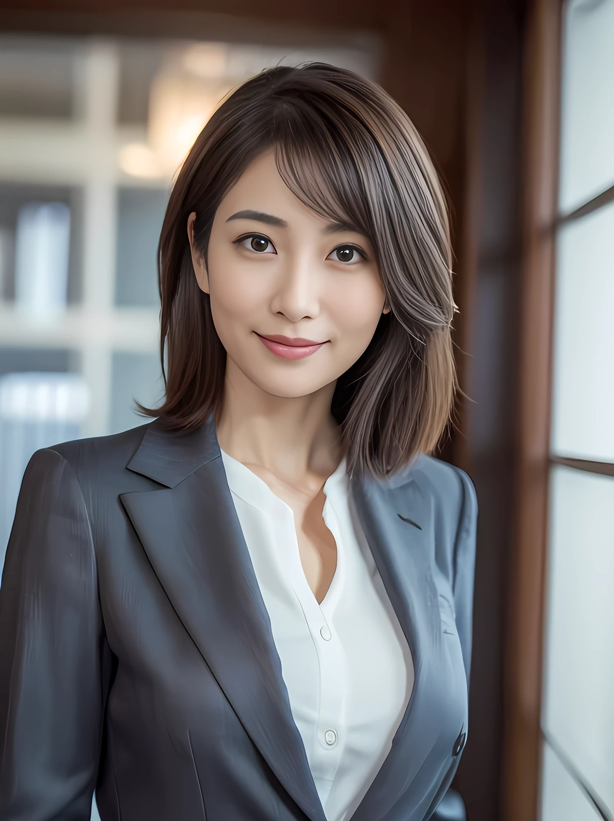 highest quality, Realistic, Surreal, Great quality, Extremely detailed CG, Very delicate and beautiful, 8k wallpaper, High resolution, office, (Dim lighting), Elegant Japan woman, Age 37, ((whole body)), ((I々Standing facing)), (A simple navy blue business suit、mini skirt),, Medium Hair, smile, Thin lips, slim, Small breasts, (Highly detailed face), (Highly detailed facial expressions)