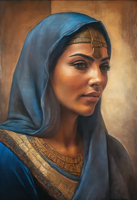 a beautiful egyptian woman, with typical clothes, detailed portrait, oil painting, wrinkled face, high quality, masterpiece, leo...