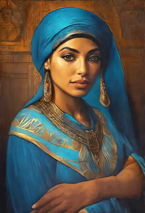 a beautiful egyptian woman, with typical clothes, detailed portrait, oil painting, esplendid face, high quality, masterpiece, le...