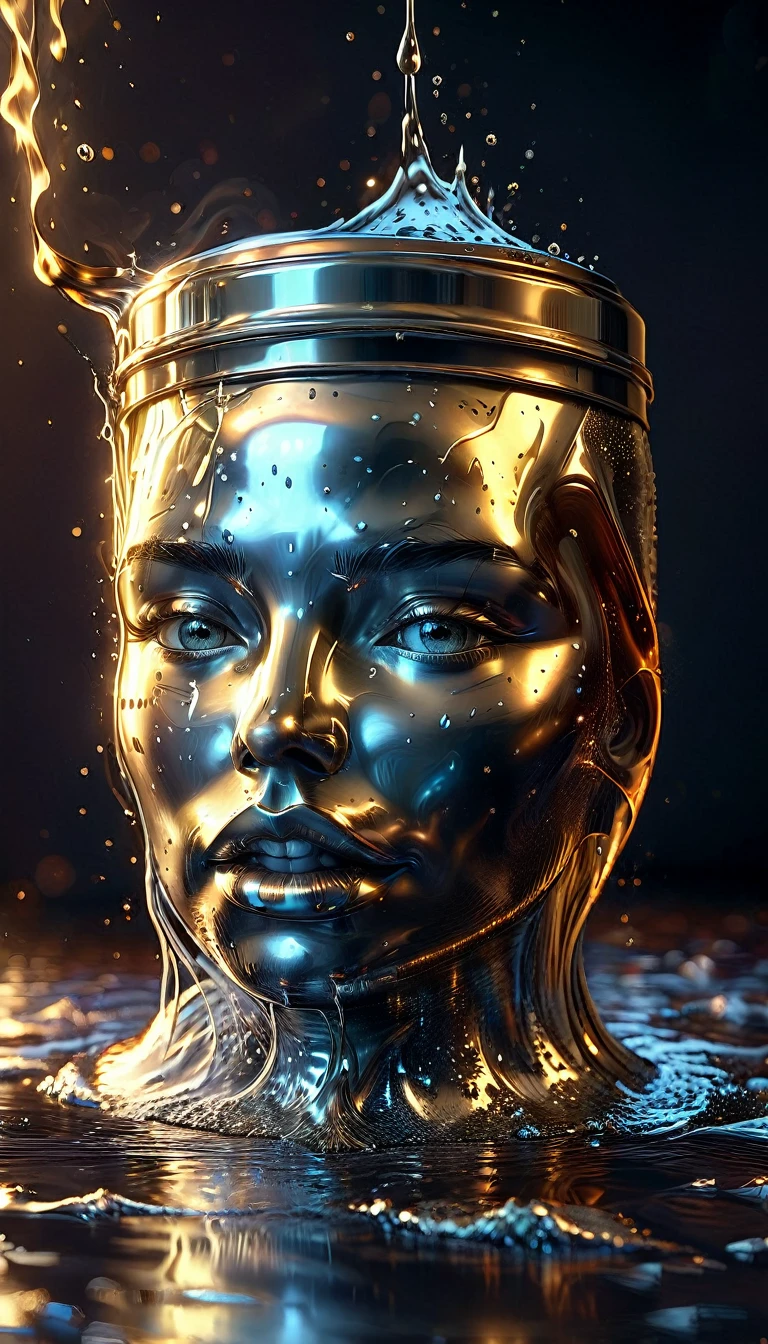 metal brillante, a metal liquid container spilling out and forming a face, artistic image, masterpiece, HD, 8k, cinematic lighting, highly detailed, photorealistic, dramatic shadows, intricate details, moody atmosphere, dynamic composition, complex textures, seamless blending, glossy surfaces, gleaming metal, molten flow, liquid metal face, striking contrasts, surreal and dreamlike, hyper-realistic, complex color palette, precise brushwork