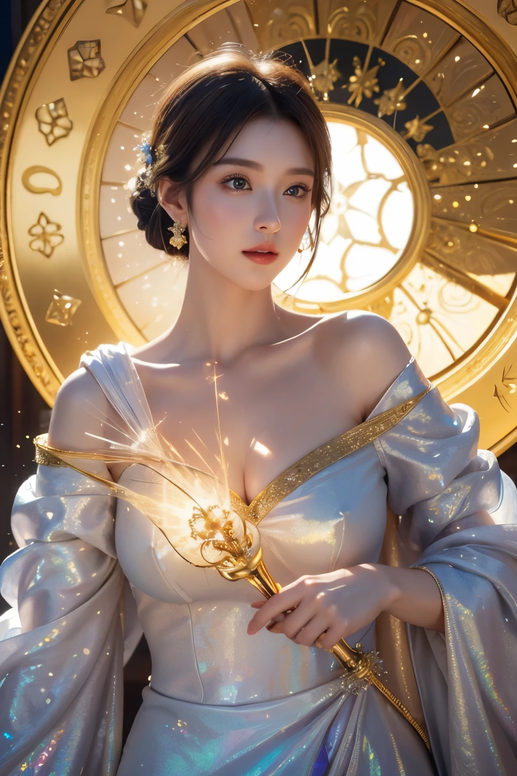 best quality, super fine, 16k, incredibly absurdres, extremely detailed, delicate and dynamic, huge and mysterious sundial object made of crystal in the Northern Renaissance style, beside which beautiful woman with updo hair, iridescent colors, gold dust, striking image effects, artwork