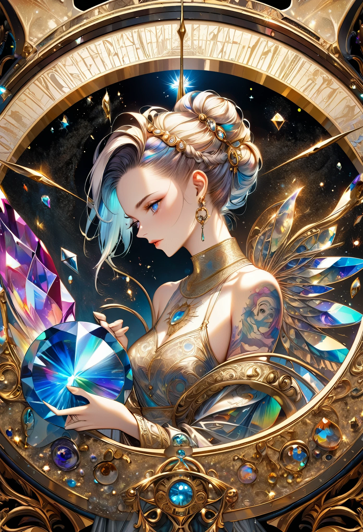 best quality, super fine, 16k, incredibly absurdres, extremely detailed, delicate and dynamic, huge and mysterious sundial object made of crystal in the Northern Renaissance style, beside which beautiful woman with updo hair, lots of tattoos, iridescent colors, gold dust, striking image effects, artwork