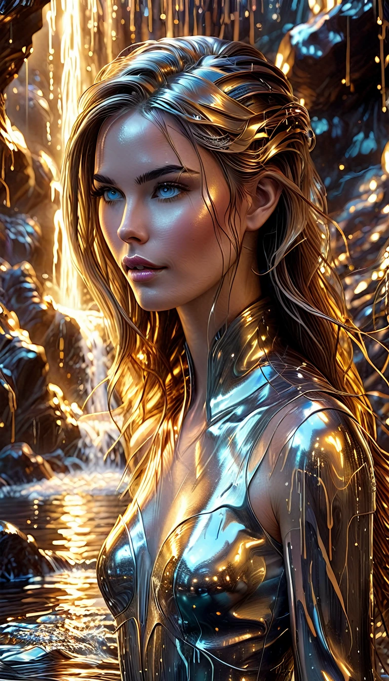 (best quality,4k,8k,highres,masterpiece:1.2),ultra-detailed,(realistic,photorealistic,photo-realistic:1.37),liquid metal waterfall, liquid metal woman, beautiful shiny metal landscape, intricate metal textures, highly reflective surfaces, chrome-like finish, molten metal flows, gleaming metallic details, dynamic metallic forms, futuristic cyberpunk style, cinematic lighting, dramatic shadows, vivid metallic colors, gold,silver,bronze tones,metallic sheen