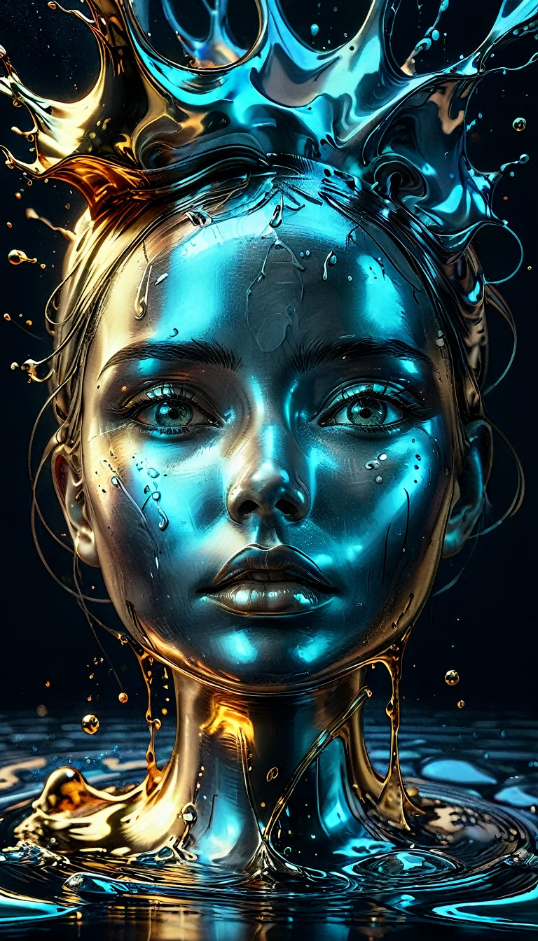 metal brillante, a metal liquid container spilling out and forming a face, artistic image, masterpiece, HD, 8k, cinematic lighting, highly detailed, photorealistic, dramatic shadows, intricate details, moody atmosphere, dynamic composition, complex textures, seamless blending, glossy surfaces, gleaming metal, molten flow, liquid metal face, striking contrasts, surreal and dreamlike, hyper-realistic, complex color palette, precise brushwork