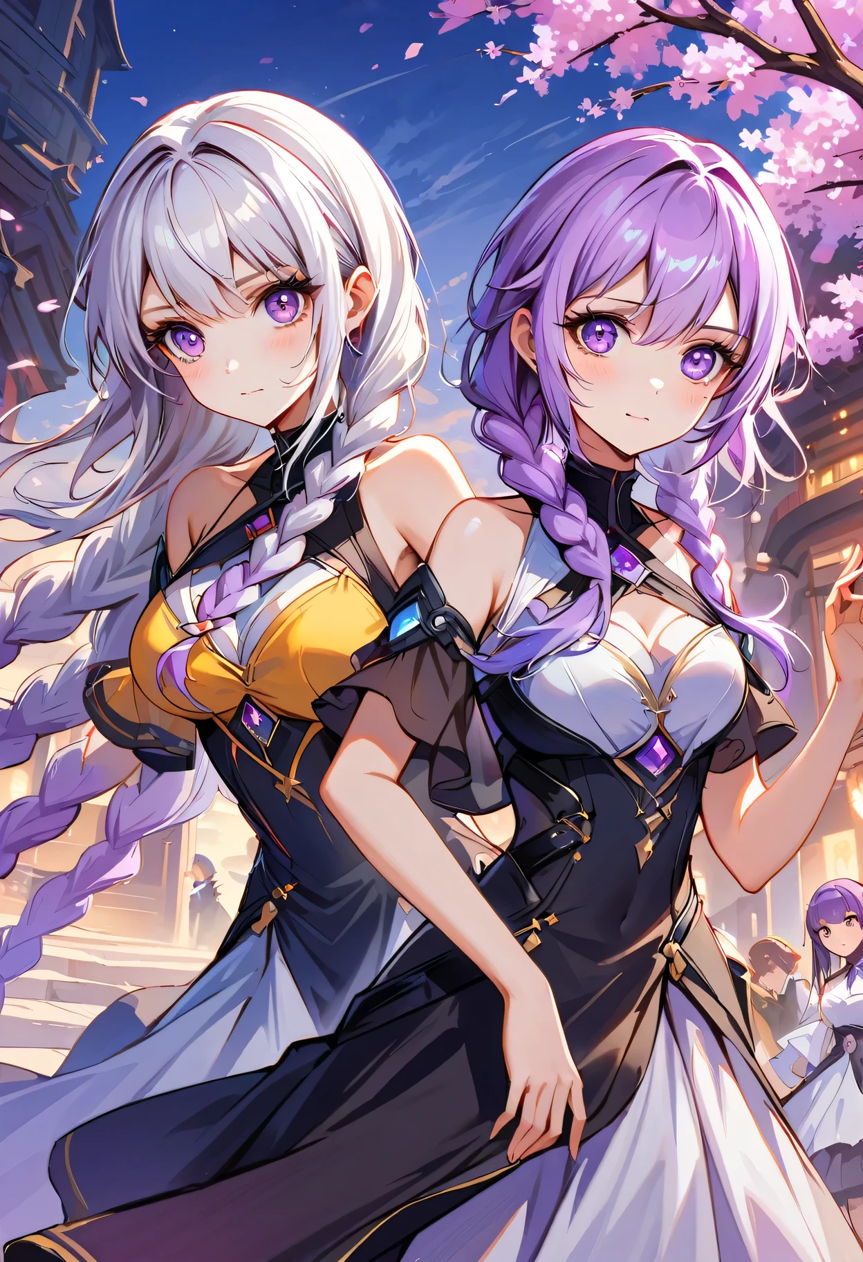 (masterpiece), best quality, high resolution, Extremely detailed, 2 girls side by side, yinji, purple hair, purple eyes, long hair, white hair, double braids, gradient hair, A beautiful white dress in Chinese style, Chinese elegant dress, Fine details, Cheongsam is beautiful and elegant, Colorful, Clothes floating, dramaticangle, Close to nature (close up), Require, warm color，Like sunshine，focus，Personal warmth, The details stand out, Extra long ribbon, Open it,  Many details, Pink petals, Sunlight on the skin, brilliant, Hairpin, Hydrangea, boudoir.