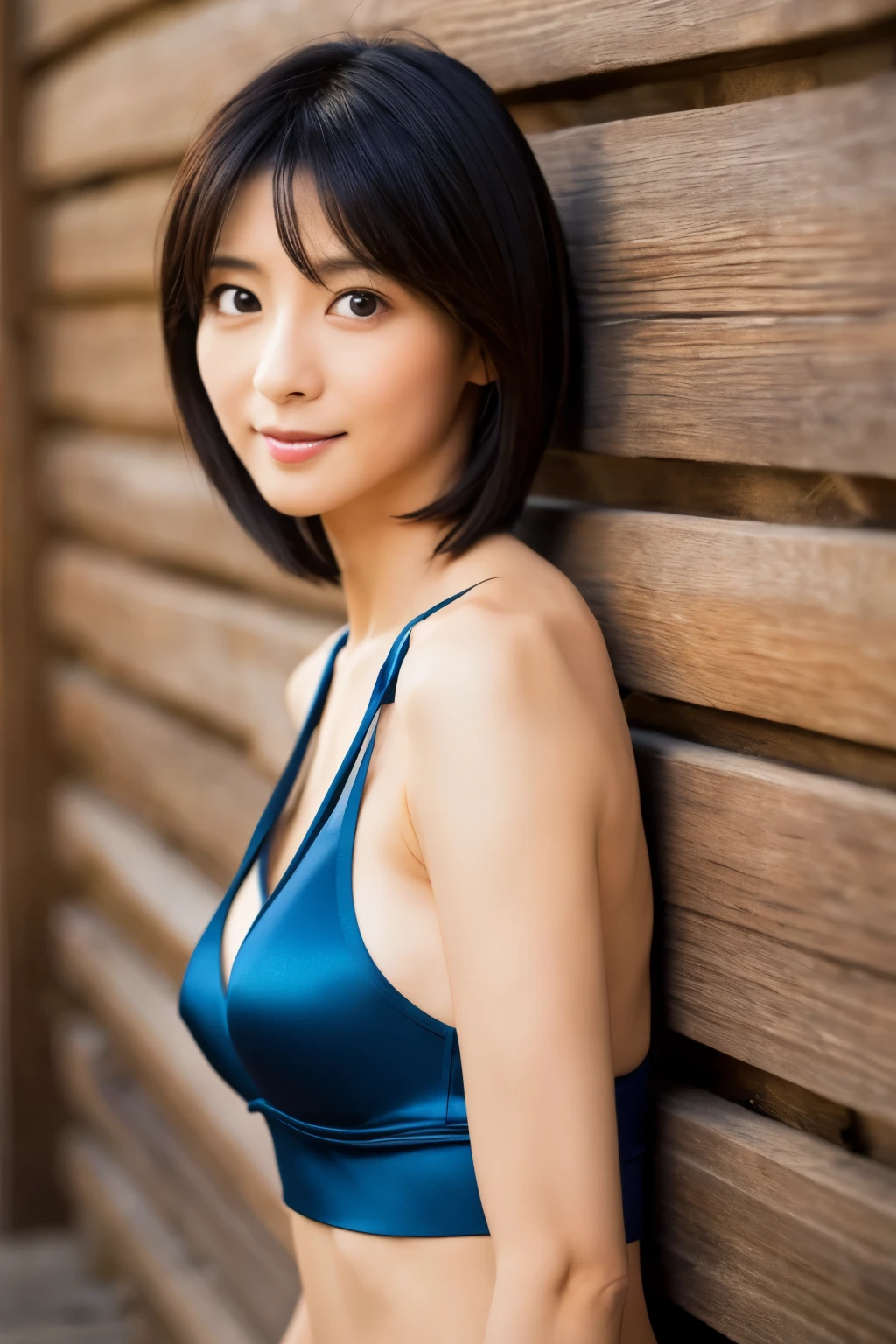 Masterpiece, High quality, High resolution, Skinny Japanese woman, charming wife, 35 years old, slender body, (very small breasts), very thin waist, round buttocks, cute face, gentle face expression, detailed face, neat and clean, close-set eyes, detailed eyes, detailed lips, (very short hair style), wooden wall background, portrait, dark-blue satin underwears, emphasising buttocks