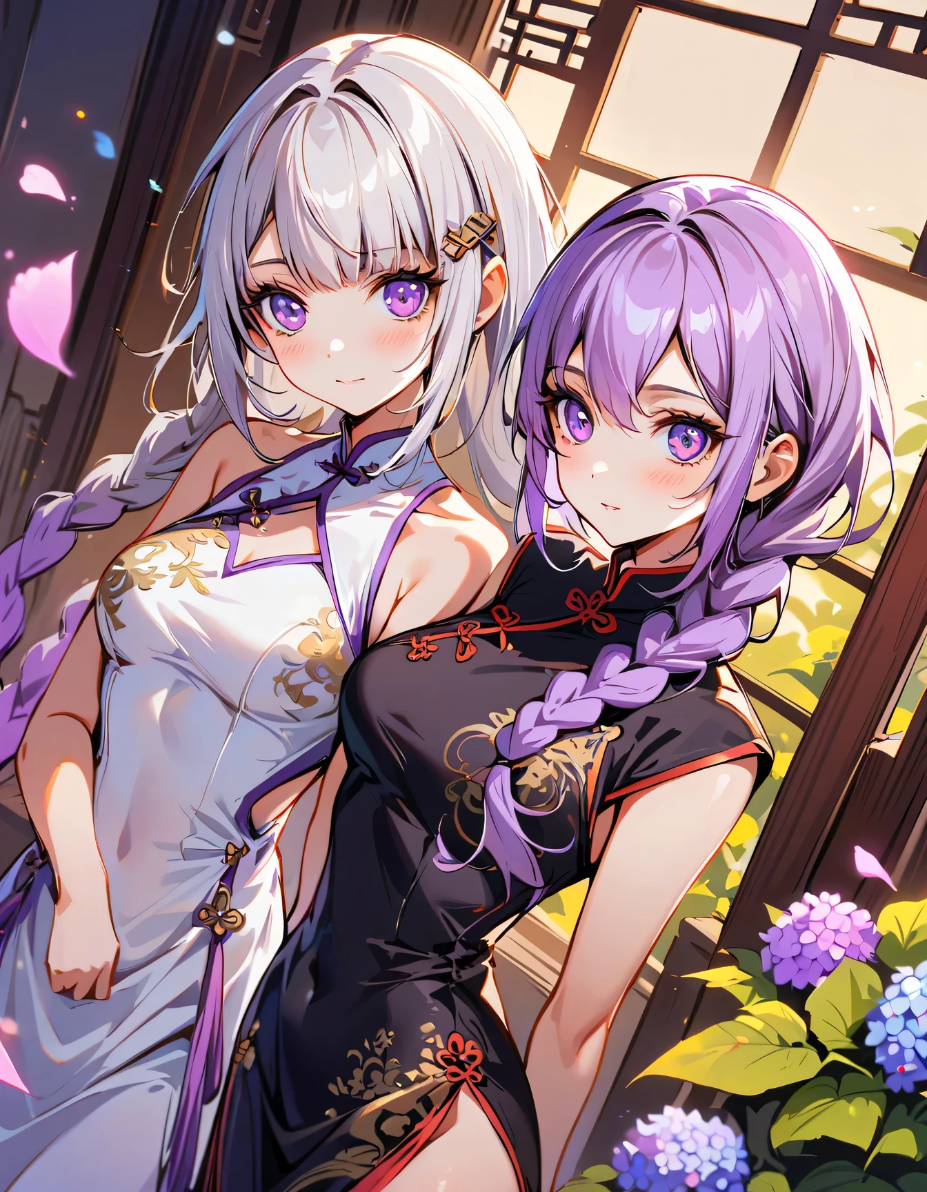 (masterpiece), best quality, high resolution, Extremely detailed, 2 girls side by side, yinji, purple hair, purple eyes, long hair, white hair, double braids, gradient hair, A beautiful white dress in Chinese style, Chinese elegant dress, Fine details, Cheongsam is beautiful and elegant, Colorful, Clothes floating, dramaticangle, Close to nature (close up), Require, warm color，Like sunshine，focus，Personal warmth, The details stand out, Extra long ribbon, Open it,  Many details, Pink petals, Sunlight on the skin, brilliant, Hairpin, Hydrangea, boudoir.