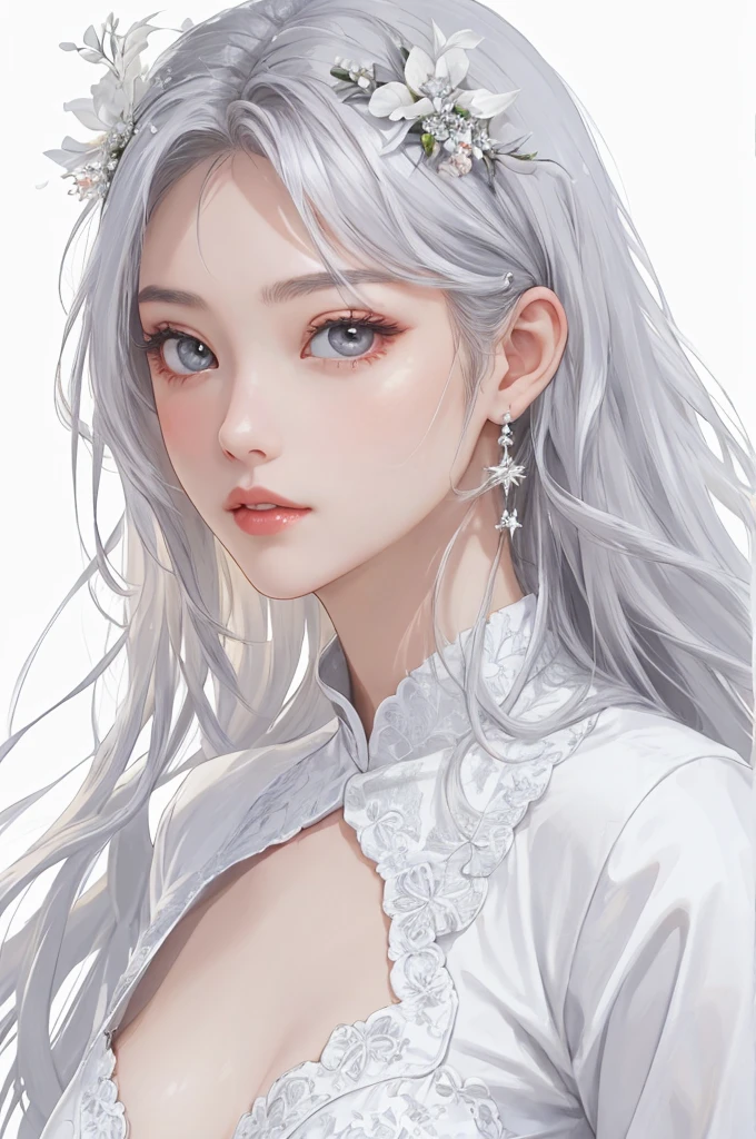 1 beautiful girl、Big round eyes、１By people、Realistic、lips、Tabletop、highest quality、Excellent anatomy、Skin Texture、White Background、Small breasts、Beautiful fantasy woman、White Satin Blouse、Beautiful pearl decoration、Glitter、Gray Hair、Long Hair、Respect、Optics、about、White Tone