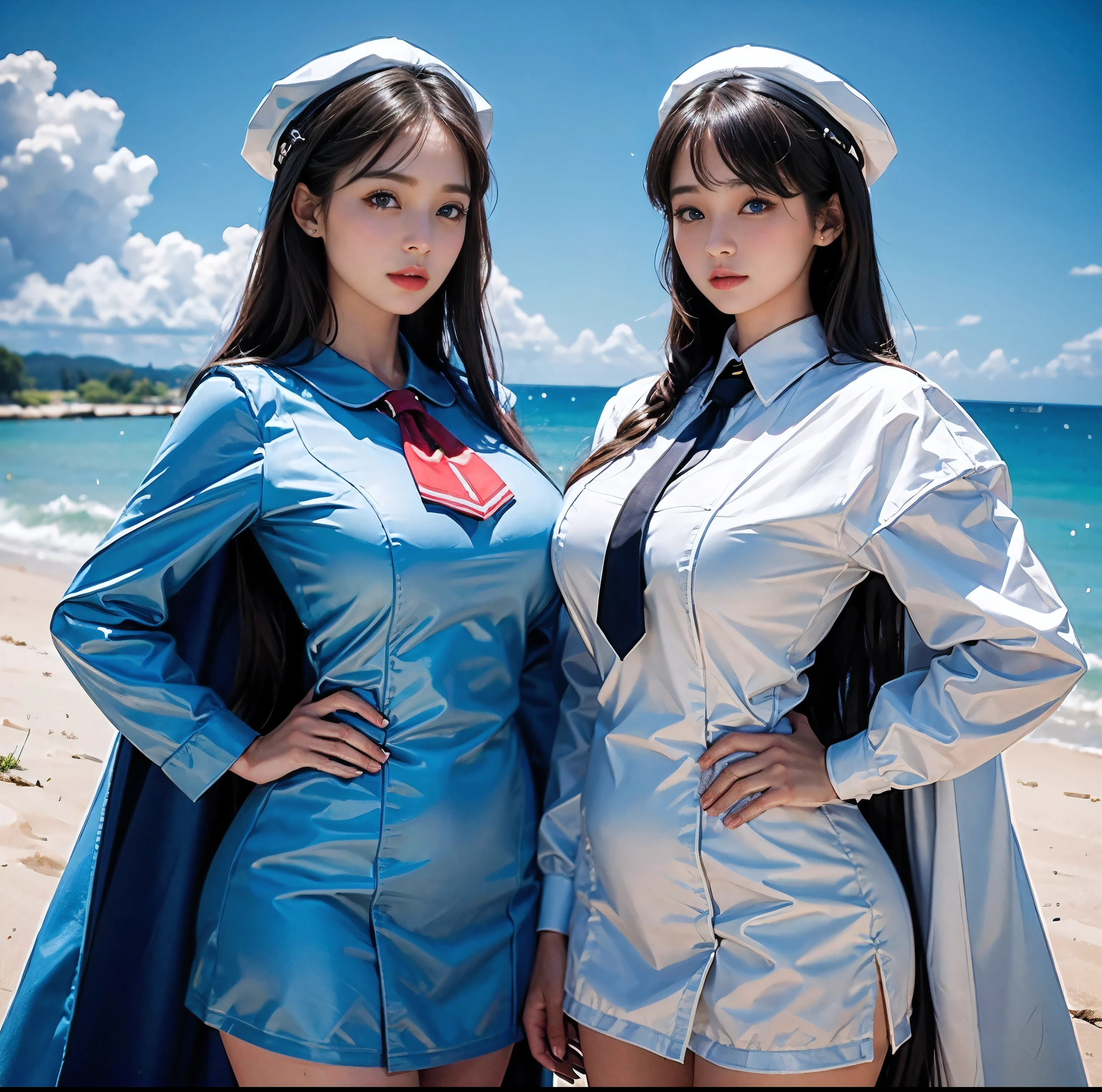 Highest quality, 8K quality, Masterpiece, Two busty women standing side by side, (Super big breasts compressed by clothes:1.2), Whitening skin, Sparkling Blue Eyes, Sailor collar girls&#39; high , Pleated skirt, Above the knee, Skirtliftv1, (Protruding and accentuated booty), Super big breasts in a frontal view, (White panties), grabbing own ass