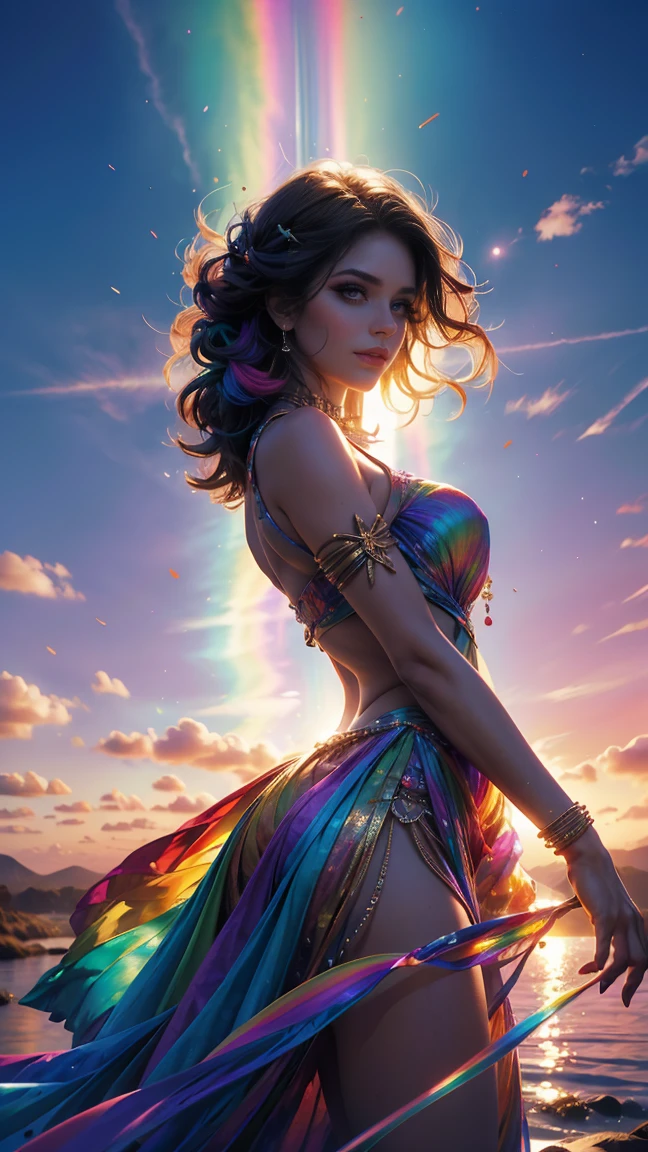 chopped angle, zenith angle. ((A female goddess of rainbows, wears a beautiful sexy open dress with a neckline and iridescent decorations)), (Straight and very long rainbow hair with magical shine), with makeup that highlights her magical look, touching a rainbow with her right hand through her beautiful veil, slim and delicate body, big breasts, It has the rainbow and an open field that illuminate it with their light, sunset landscape. raytraced, wind, rainbow landscape over the plain at sunset (aesthetics and atmosphere:1.2), Curiosa, passionate, magic smile, happy, bright iridescent eyes，Wide plan, Whole body. (raw photo, Best Quality), (realist, photo-realist:1.3), masterpiece, an extremely perfect and beautiful body, extremely detailed pale body, Best quality score, close up, high view, arcoiris magico and field atmosphere, rainbow hair. Straight and very long rainbow hair with magical shine, Straight and very long rainbow hair with magical shine, Straight and very long rainbow hair with magical shine, Straight and very long rainbow hair with magical shine