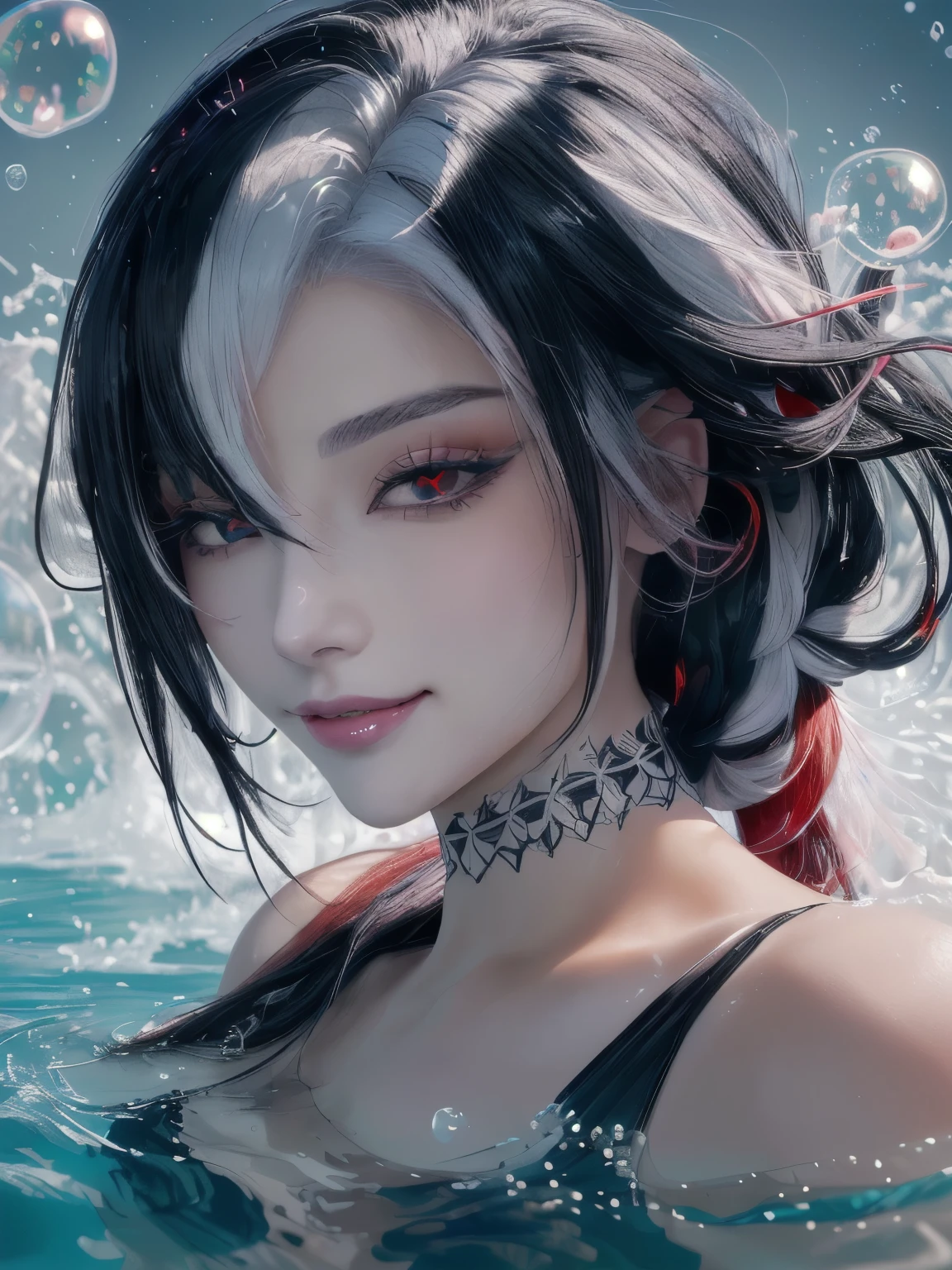 HD，masterpiece，high resolution，White hair,black hair,Colorful hair,Straight Hair,Long braids,Red eyes,Red X pupils,FlowingWaterStreams，Blisters，Beautiful shape of bubbles、Beautiful and moving face，Clear face，Smile，big eyes，Double eyelids，Wearing a pink micro swimsuit